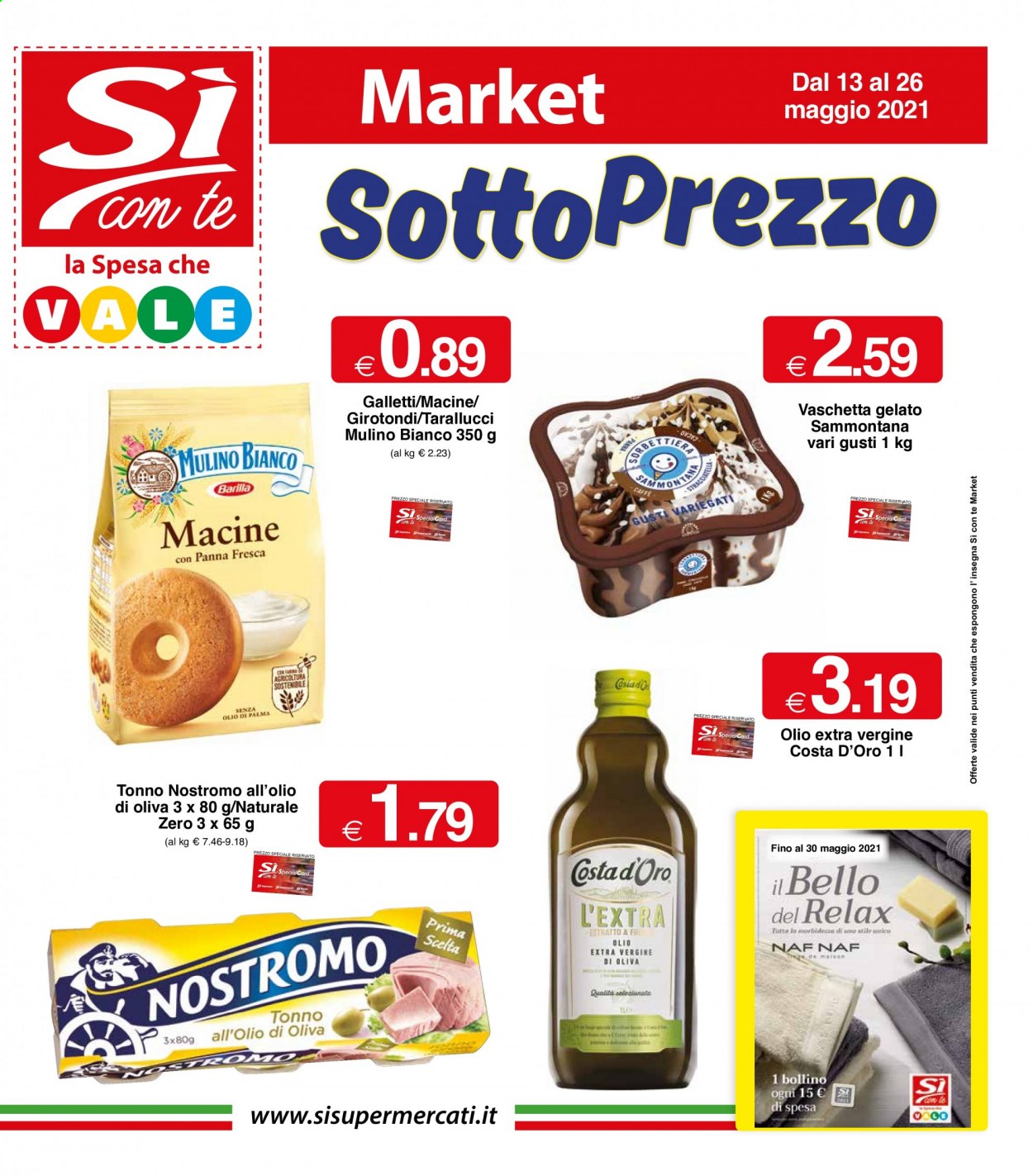thumbnail - Volantino Si con te Market - 13/5/2021 - 26/5/2021 - Prodotti in offerta - Mulino Bianco, tonno, gelato, Sammontana, Barilla, tonno sott'olio, Nostromo. Pagina 1.