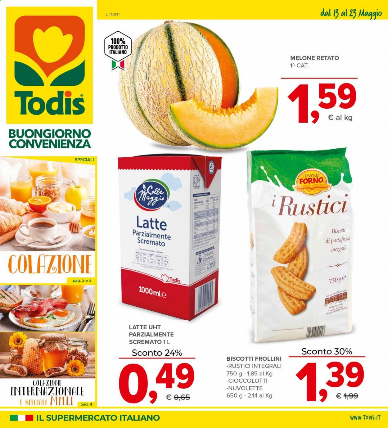 thumbnail - Volantino Todis - 13/5/2021 - 23/5/2021 - Prodotti in offerta - melone, melone retato, latte, biscotti, frollini, miele. Pagina 1.