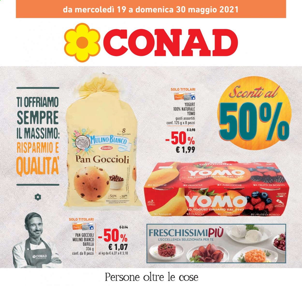 thumbnail - Volantino Conad - 19/5/2021 - 30/5/2021 - Prodotti in offerta - Mulino Bianco, Pan Goccioli, banane, Yomo, Barilla. Pagina 1.