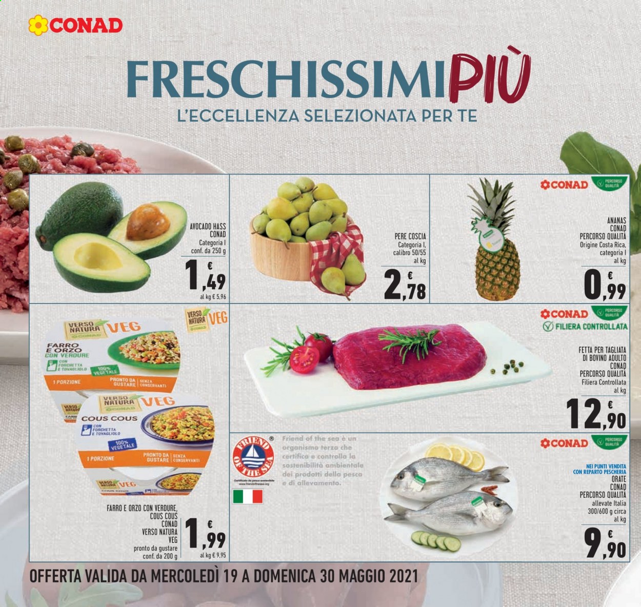 thumbnail - Volantino Conad - 19/5/2021 - 30/5/2021 - Prodotti in offerta - ananas, pere, avocado, manzo, tagliata, cous cous, orzo. Pagina 16.