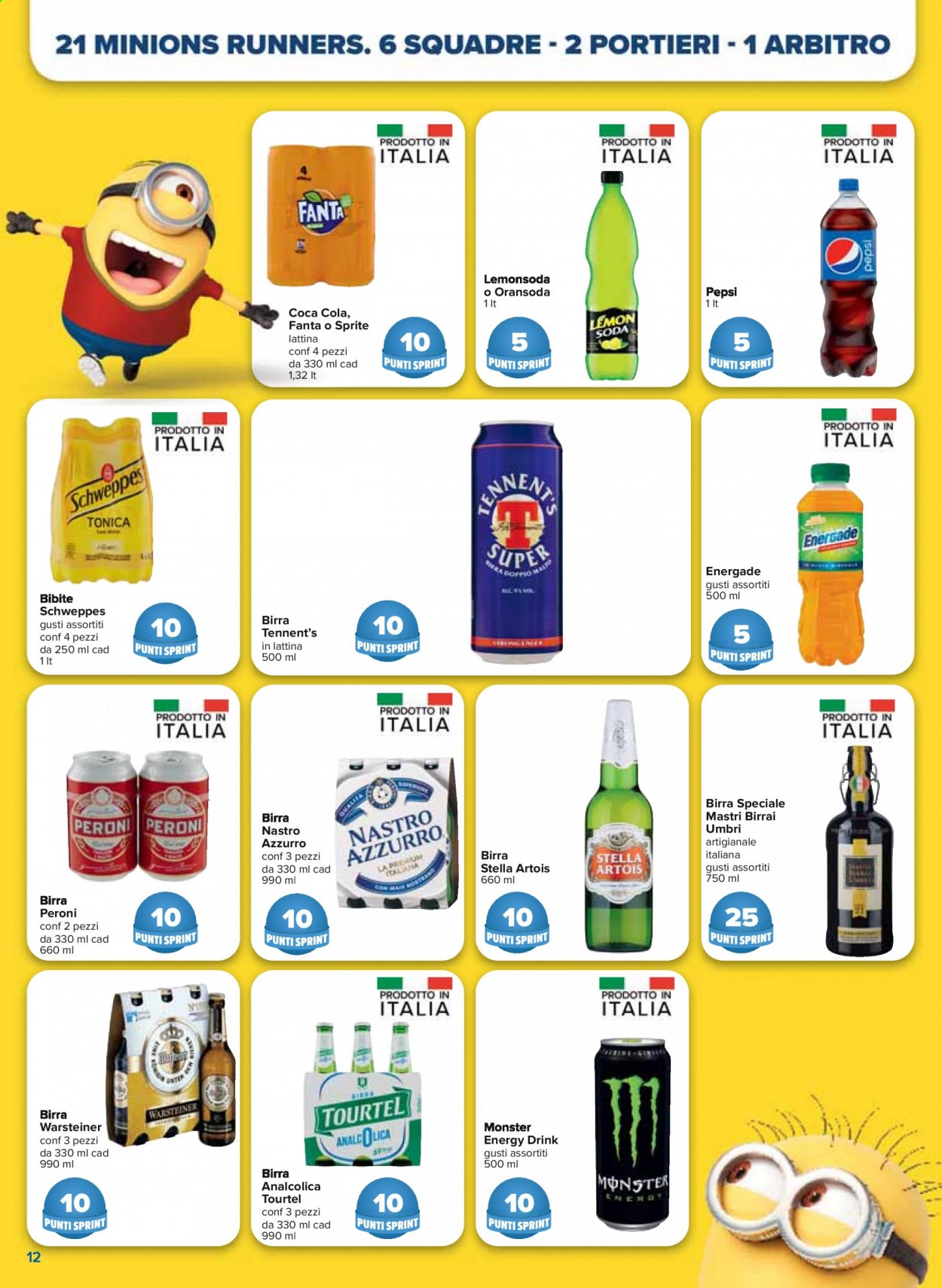 Volantino Carrefour - 20/5/2021 - 9/6/2021 - Prodotti in offerta - Peroni, Stella Artois, birra, acqua tonica, Coca-Cola, energy drink, Fanta, Schweppes, Pepsi, Sprite. Pagina 12.