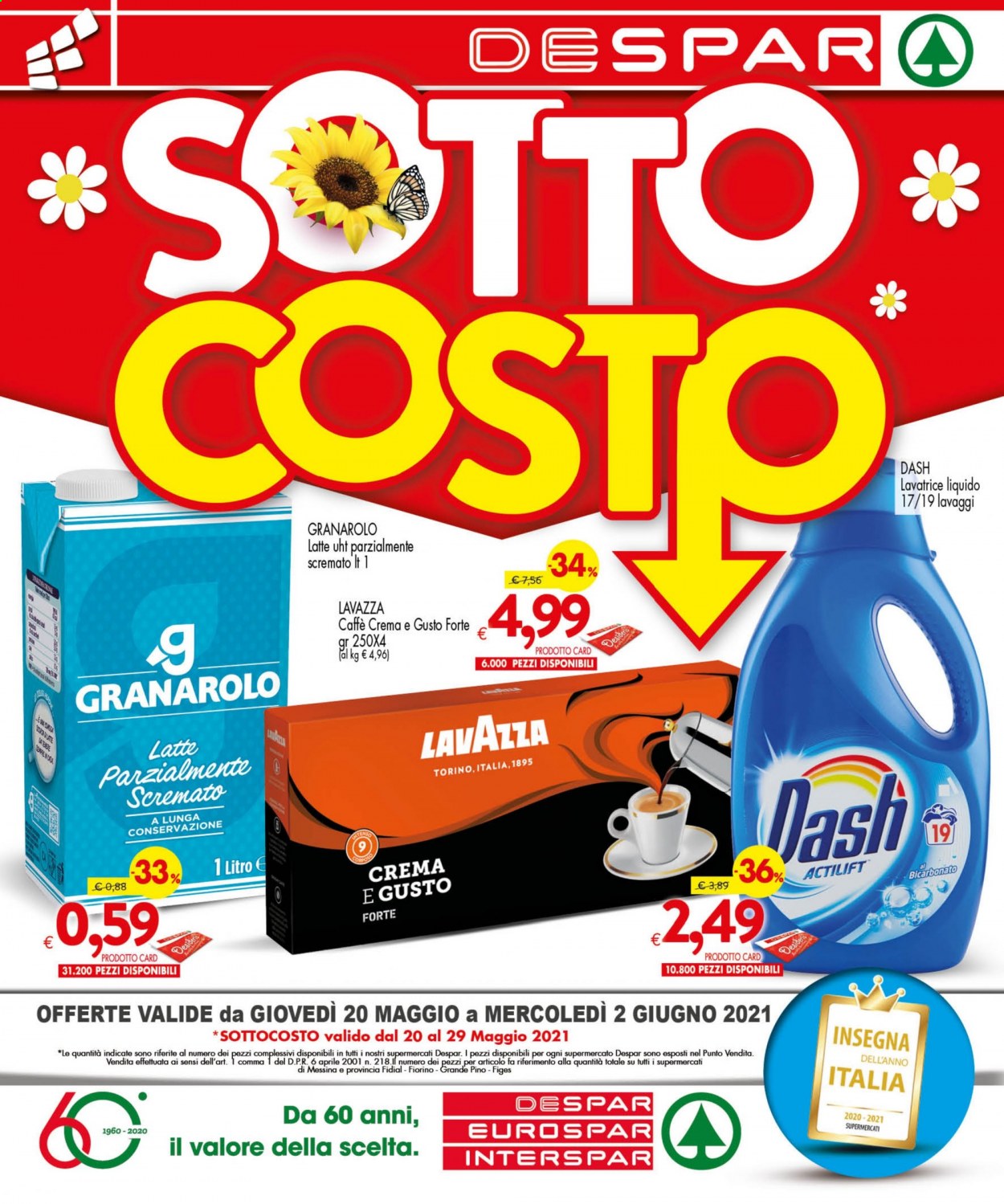 thumbnail - Volantino Despar - 20/5/2021 - 2/6/2021 - Prodotti in offerta - Granarolo, latte, caffè, Lavazza, detersivo liquido per lavatrice, Dash. Pagina 1.