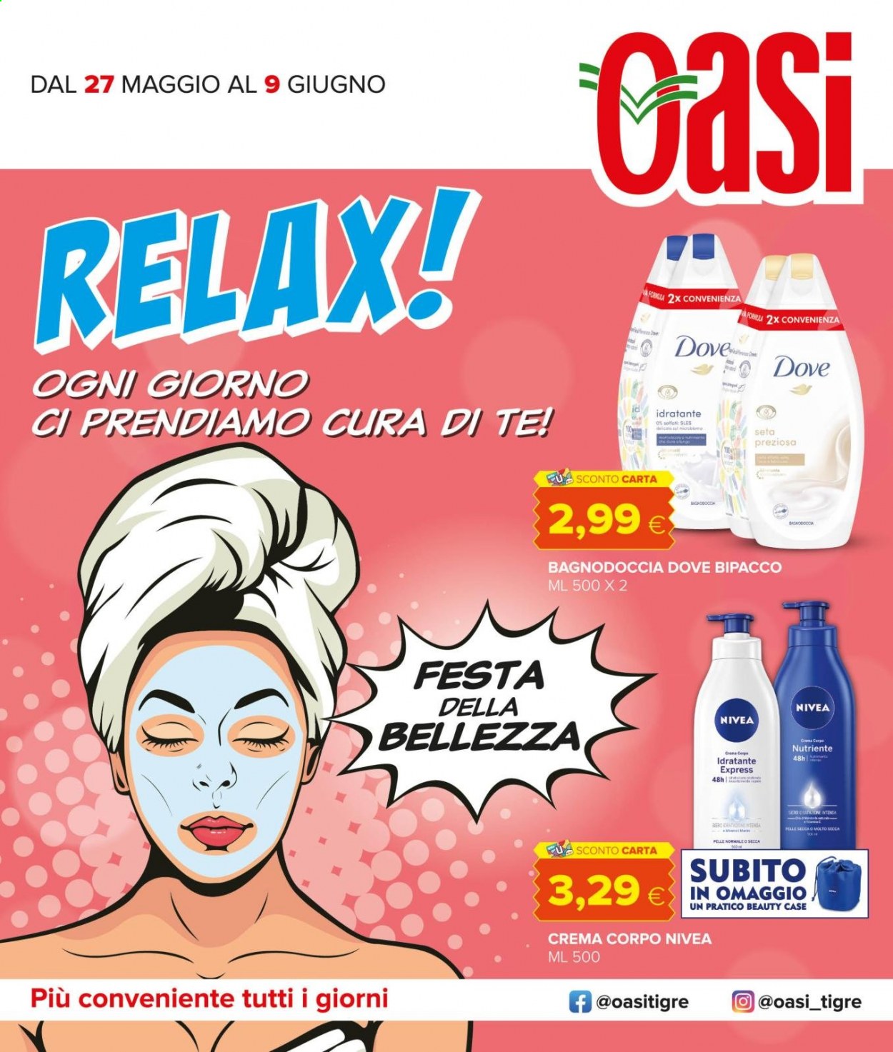 thumbnail - Volantino Oasi - 27/5/2021 - 9/6/2021 - Prodotti in offerta - Nivea, crema corpo, gel doccia, Dove Cosmetics, beauty trapuntato. Pagina 1.
