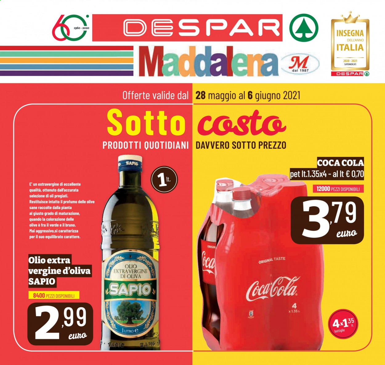 thumbnail - Volantino Despar - 28/5/2021 - 6/6/2021 - Prodotti in offerta - olio, olio extra vergine di oliva, olio di oliva, Coca Cola, bibita gassata, profumo. Pagina 1.