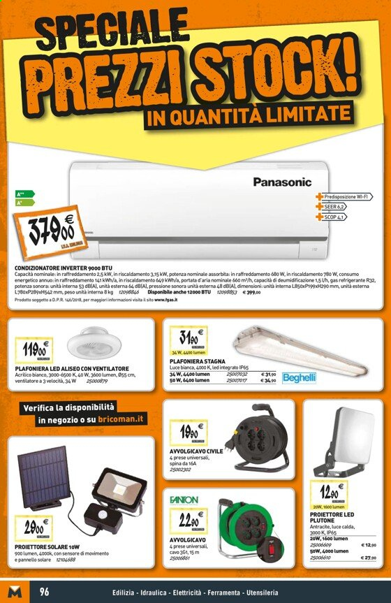 Volantino Bricoman - 27/5/2021 - 23/6/2021 - Prodotti in offerta - Panasonic, condizionatore, luce, proiettore. Pagina 96.