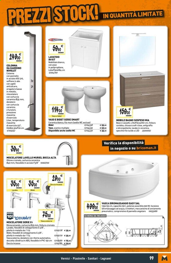 Volantino Bricoman - 27/5/2021 - 23/6/2021 - Prodotti in offerta - doccia, sedile WC, vaso, bidet, mobile da bagno sospeso, mobile da bagno. Pagina 99.