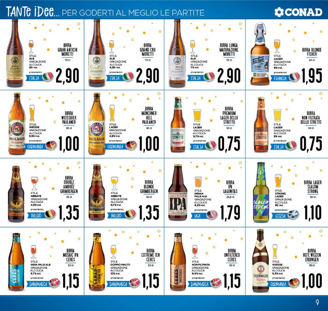 thumbnail - Volantino Conad - 3/6/2021 - 12/6/2021 - Prodotti in offerta - Birra Moretti, birra, birra tipo IPA, birra di frumento, birra tipo pale ale, birra tipo lager, Paulaner, Ceres. Pagina 9.