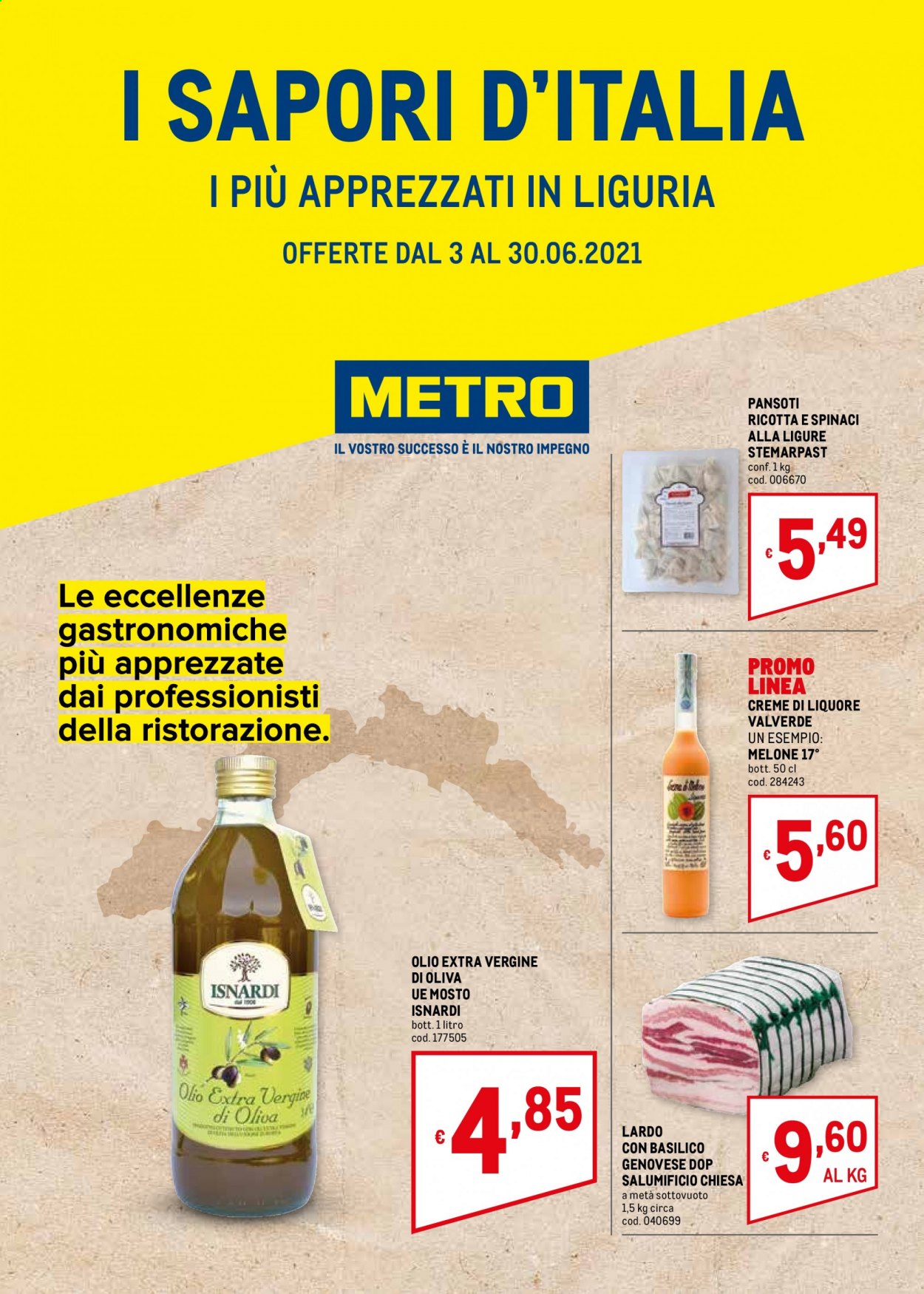 thumbnail - Volantino Metro - 3/6/2021 - 30/6/2021 - Prodotti in offerta - melone, lardo, Valverde, olio, olio extra vergine di oliva, liquore. Pagina 1.