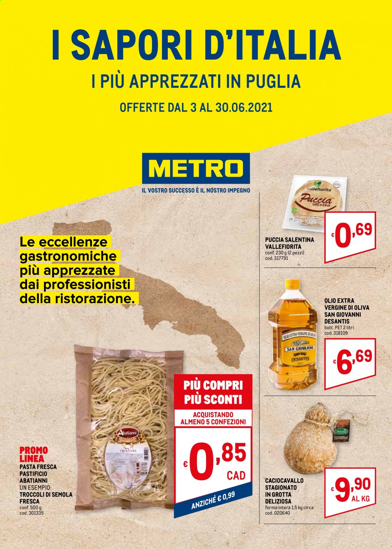 thumbnail - Volantino Metro - 3/6/2021 - 30/6/2021 - Prodotti in offerta - formaggio, caciocavallo, pasta fresca, olio, olio extra vergine di oliva. Pagina 1.