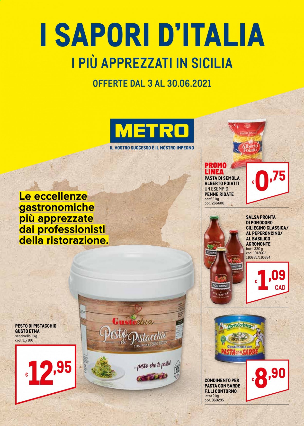 thumbnail - Volantino Metro - 3/6/2021 - 30/6/2021 - Prodotti in offerta - pesto, salsa di pomodoro, penne. Pagina 1.