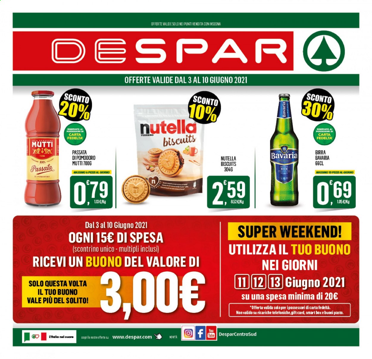 thumbnail - Volantino Despar - 3/6/2021 - 13/6/2021 - Prodotti in offerta - Bavaria, birra, passata di pomodoro, Mutti, Nutella, crema spalmabile alla nocciola. Pagina 1.