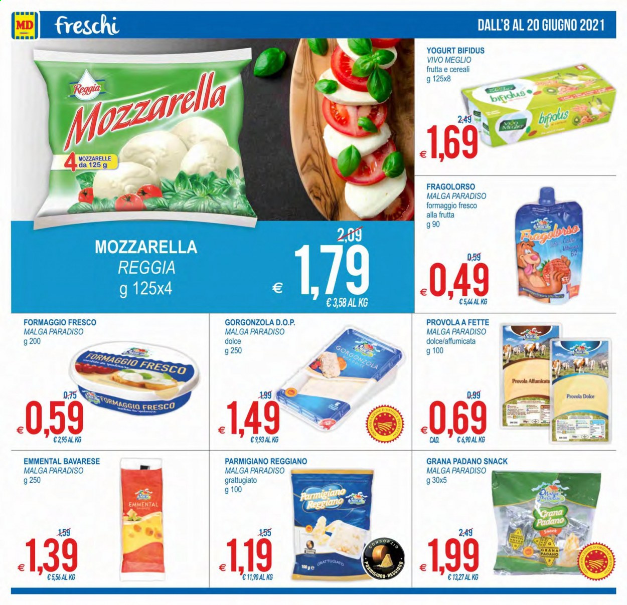 thumbnail - Volantino MD Discount - 8/6/2021 - 20/6/2021 - Prodotti in offerta - formaggio, mozzarella, emmental, parmigiano, gorgonzola, Grana Padano, provola, formaggio fresco, yogurt. Pagina 8.