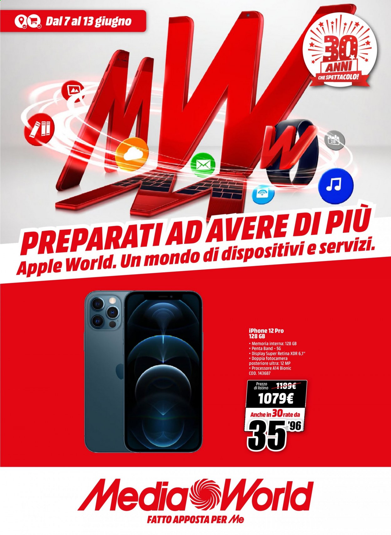 thumbnail - Volantino MediaWorld - 7/6/2021 - 13/6/2021 - Prodotti in offerta - Apple, iPhone, iPhone 12, iPhone 12 Pro. Pagina 1.