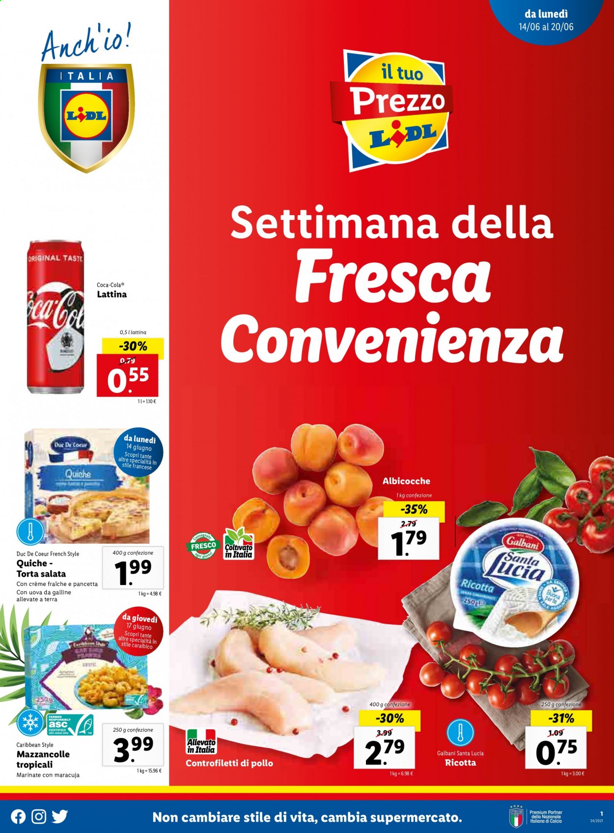 thumbnail - Volantino Lidl - 14/6/2021 - 20/6/2021 - Prodotti in offerta - albicocche, mazzancolle, Galbani, formaggio, ricotta, crème fraîche. Pagina 1.