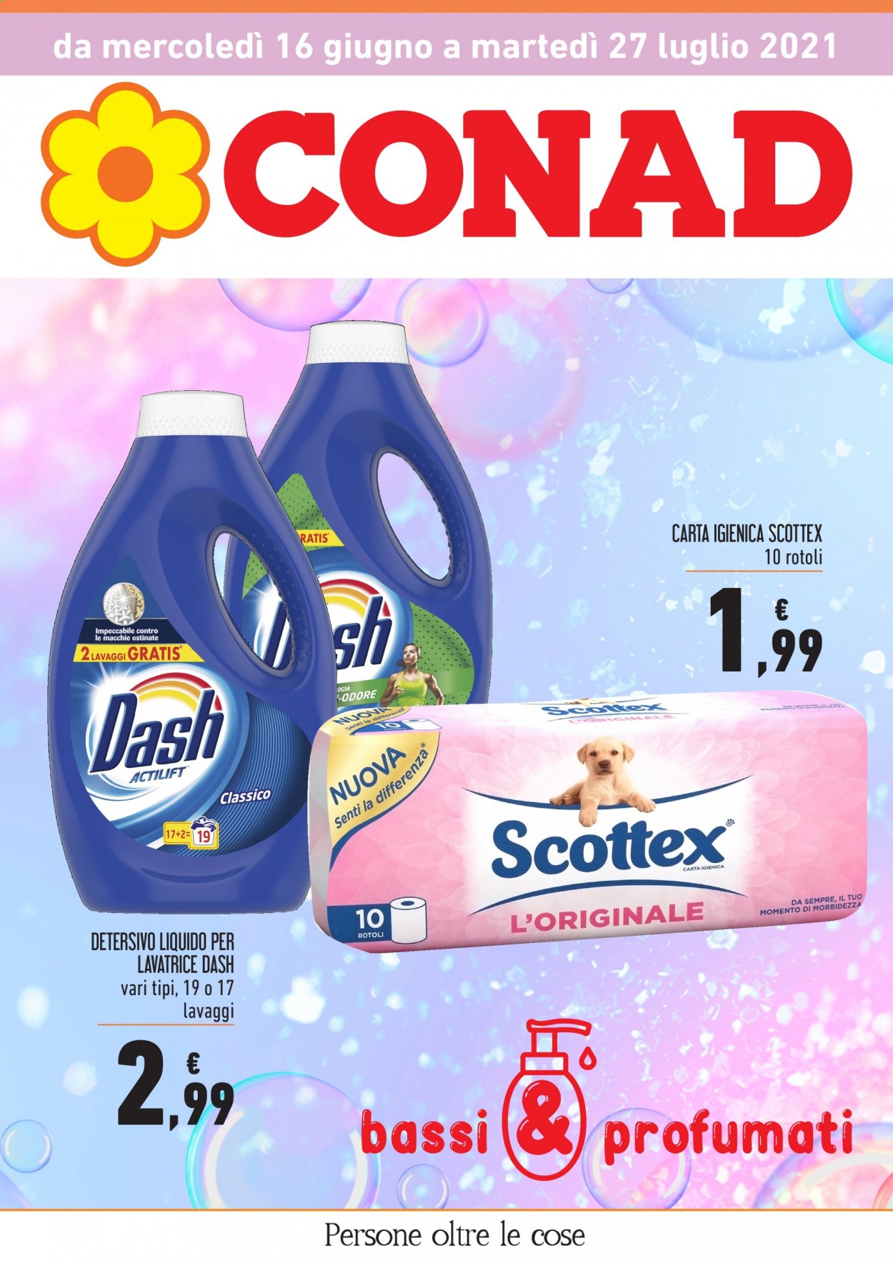 thumbnail - Volantino Conad - 16/6/2021 - 27/7/2021 - Prodotti in offerta - carta igienica, Scottex, detersivo liquido per lavatrice, Dash. Pagina 1.