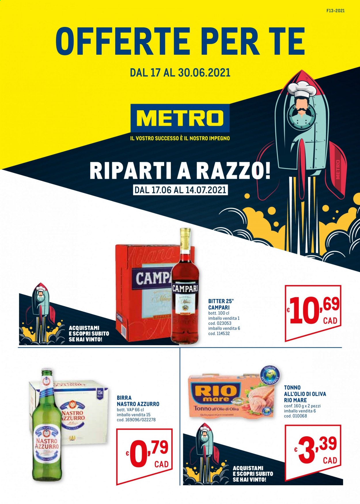 thumbnail - Volantino Metro - 17/6/2021 - 30/6/2021 - Prodotti in offerta - birra, Nastro Azzurro, tonno, Rio Mare, tonno sott'olio, Campari. Pagina 1.