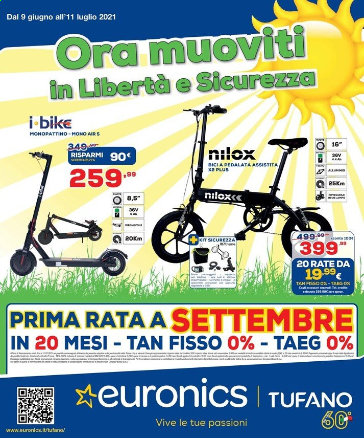 thumbnail - Volantino Euronics - 9/6/2021 - 11/7/2021 - Prodotti in offerta - monopattino, bici elettrica. Pagina 1.