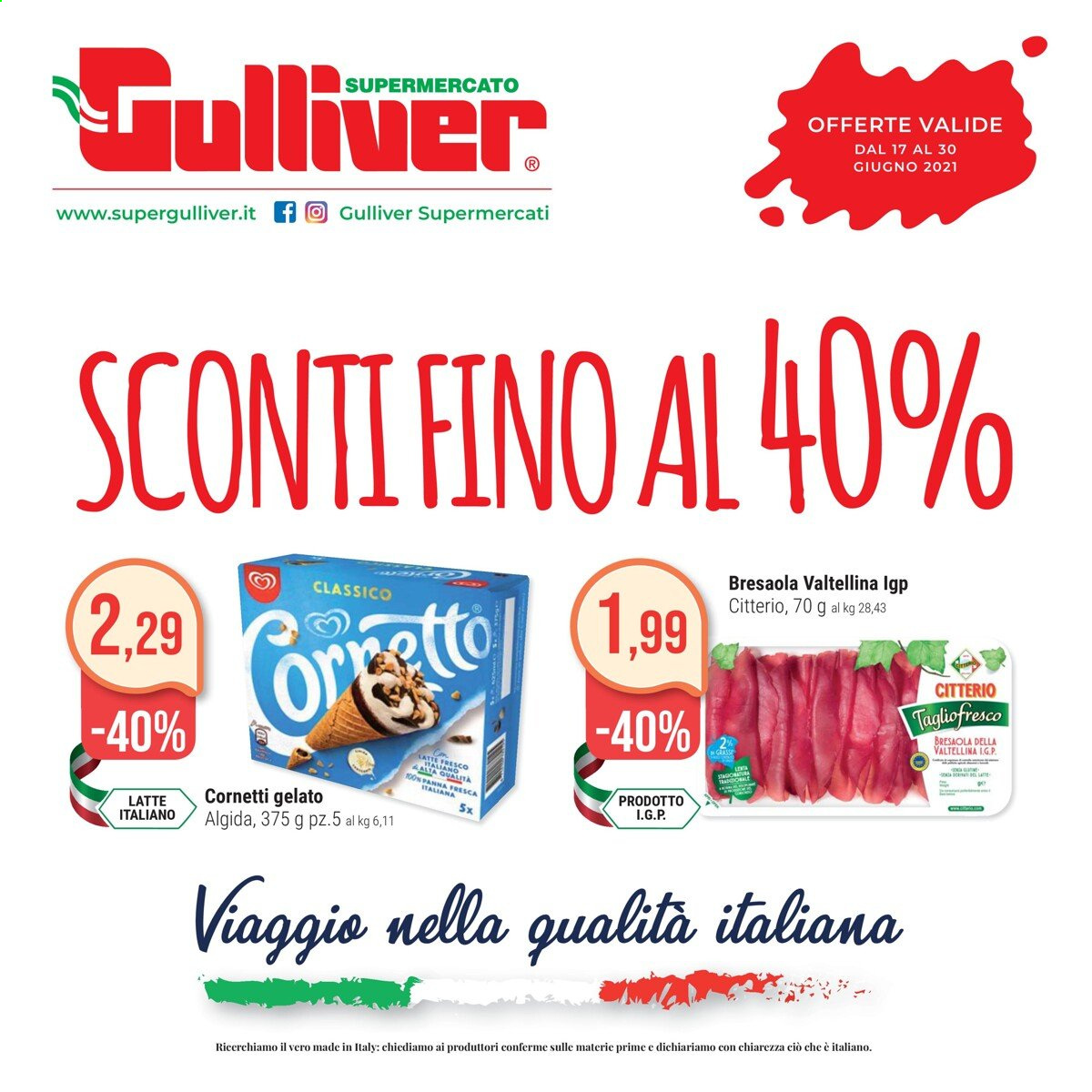 thumbnail - Volantino Gulliver - 17/6/2021 - 30/6/2021 - Prodotti in offerta - croissant, bresaola, latte, gelato, Algida. Pagina 1.