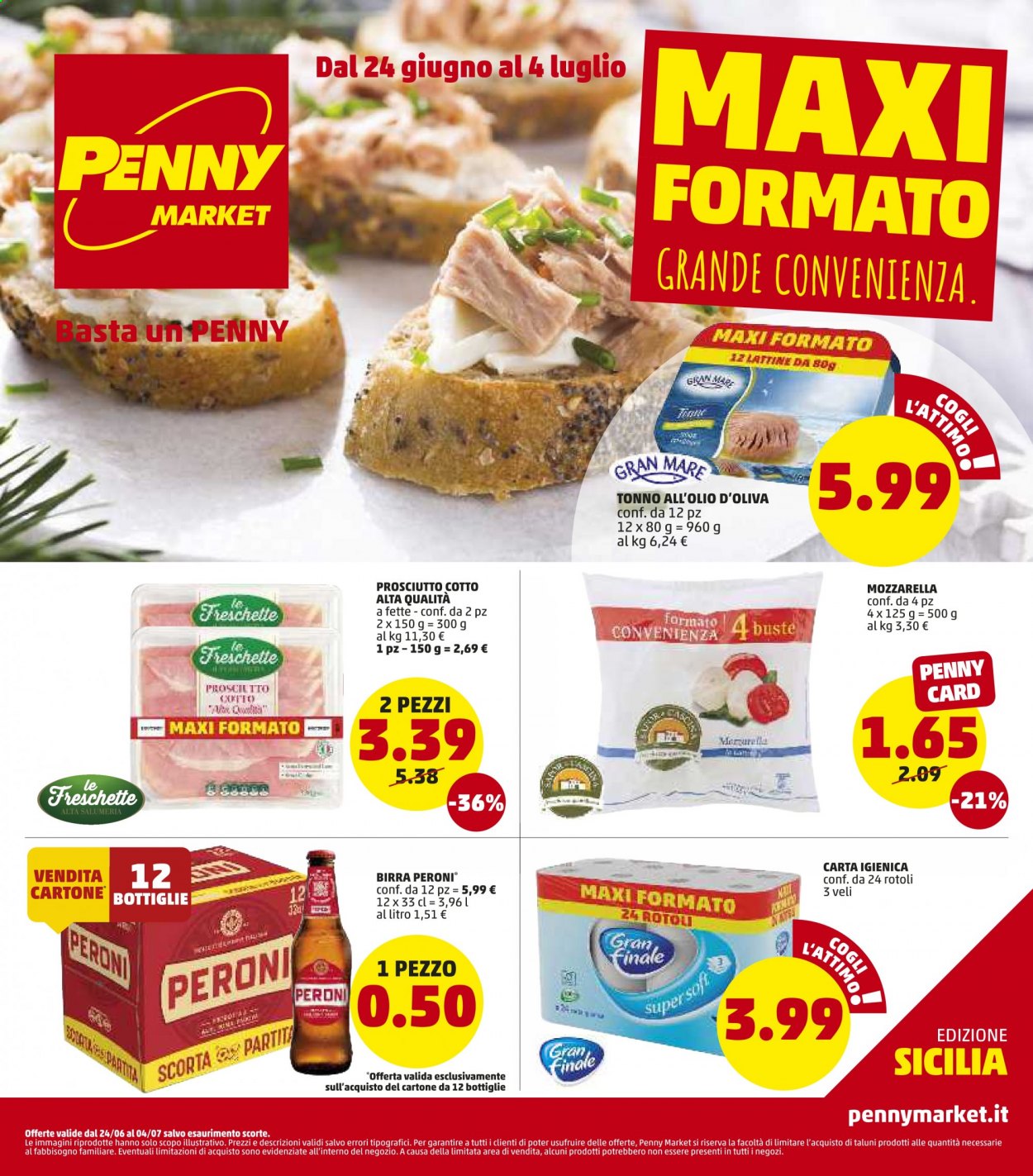thumbnail - Volantino Penny Market - 24/6/2021 - 4/7/2021 - Prodotti in offerta - Peroni, birra, tonno, prosciutto, prosciutto cotto, formaggio, mozzarella, tonno sott'olio, carta igienica. Pagina 1.
