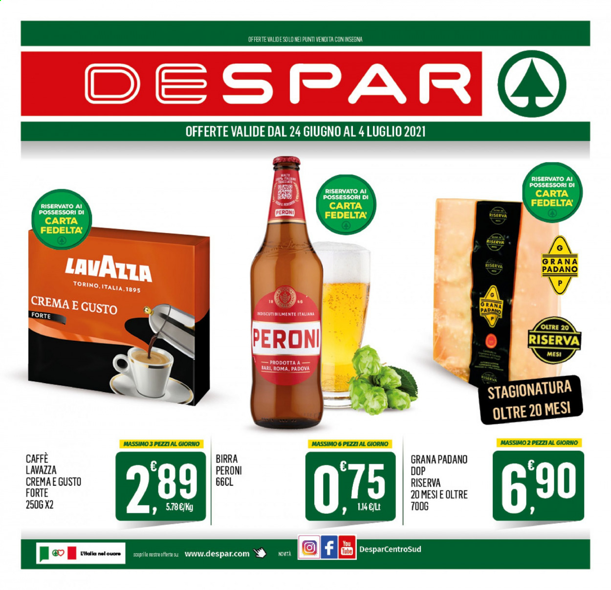 thumbnail - Volantino Despar - 24/6/2021 - 4/7/2021 - Prodotti in offerta - Peroni, birra, formaggio, Grana Padano, caffè, Lavazza. Pagina 1.
