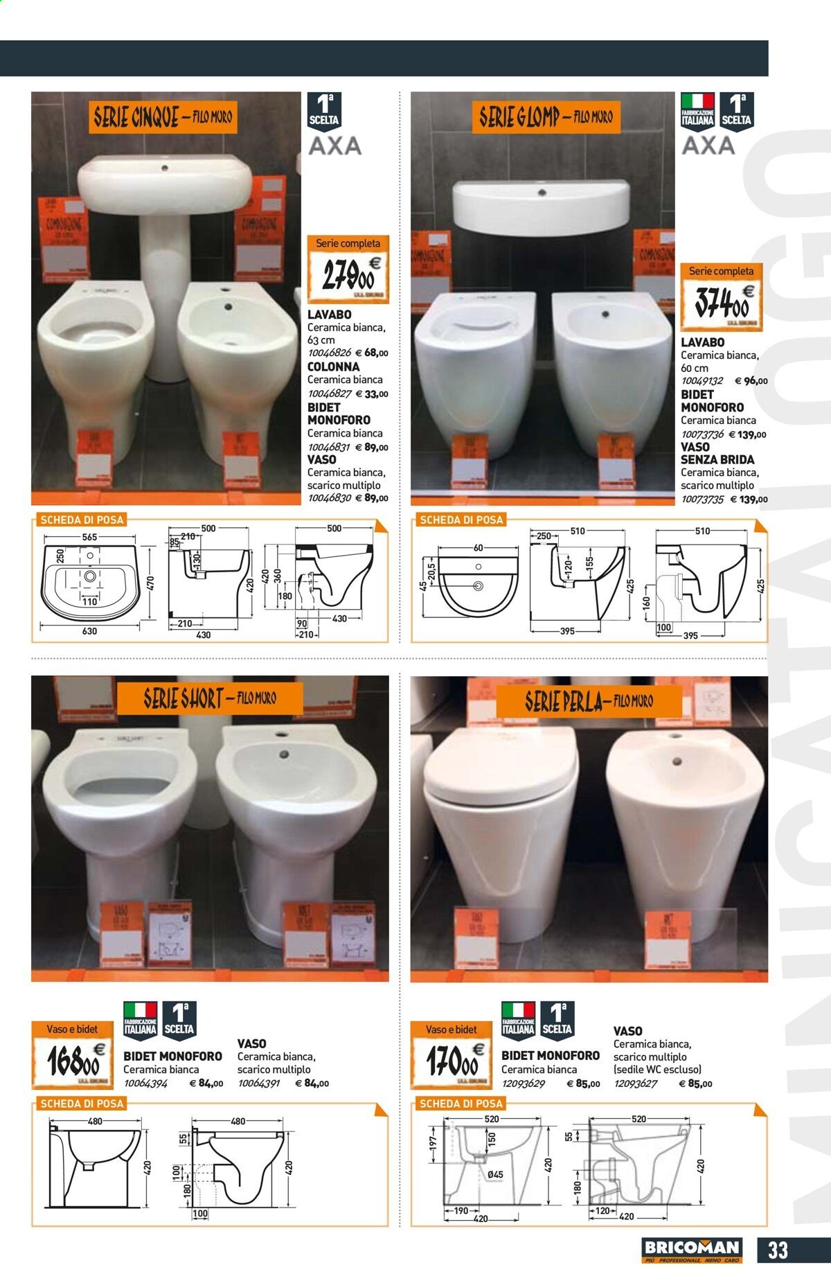Volantino Bricoman - 24/6/2021 - 28/7/2021 - Prodotti in offerta - bidet monoforo, sedile WC, vaso, bidet, vaso in ceramica. Pagina 33.