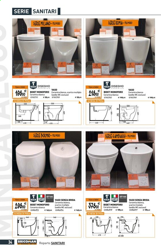 Volantino Bricoman - 24/6/2021 - 28/7/2021 - Prodotti in offerta - bidet monoforo, vaso, bidet, vaso in ceramica. Pagina 34.