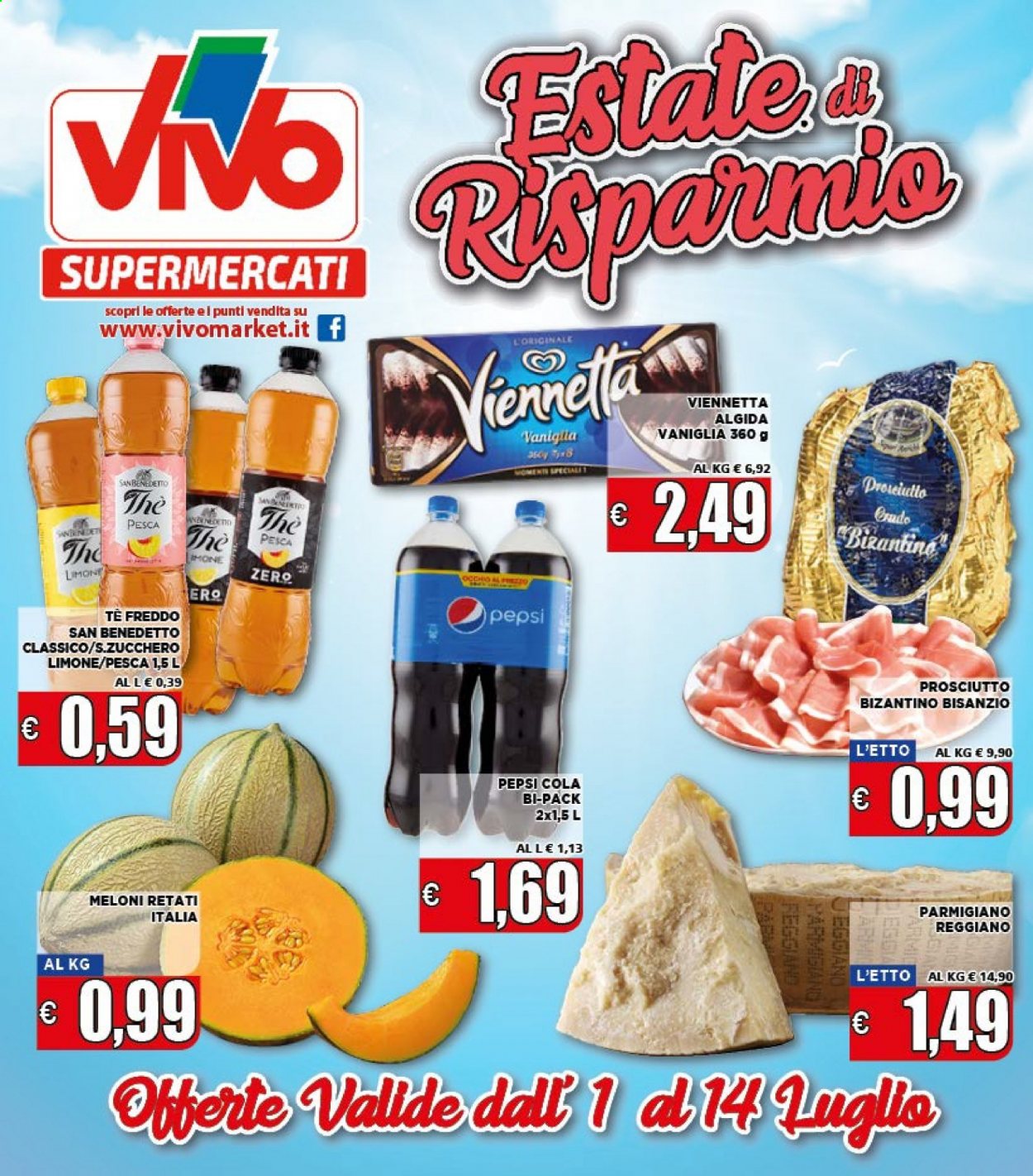 thumbnail - Volantino Supermercati VIVO - 1/7/2021 - 14/7/2021 - Prodotti in offerta - prosciutto, formaggio, parmigiano, gelato, Viennetta, Algida, zucchero, San Benedetto, Pepsi, tè freddo, bibita gassata. Pagina 1.