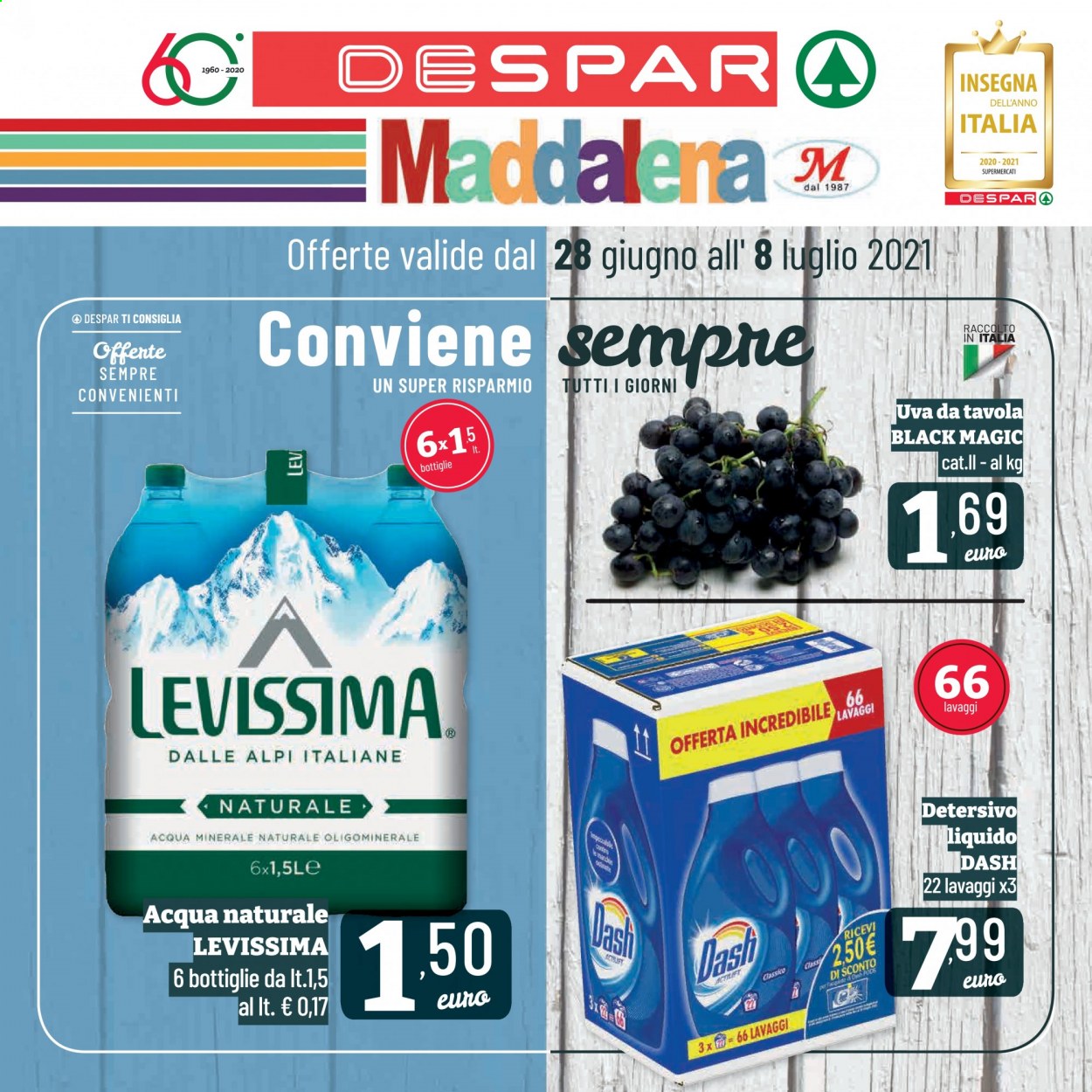 thumbnail - Volantino Despar - 28/6/2021 - 8/7/2021 - Prodotti in offerta - acqua minerale, acqua naturale, Levissima, detersivo, Dash. Pagina 1.