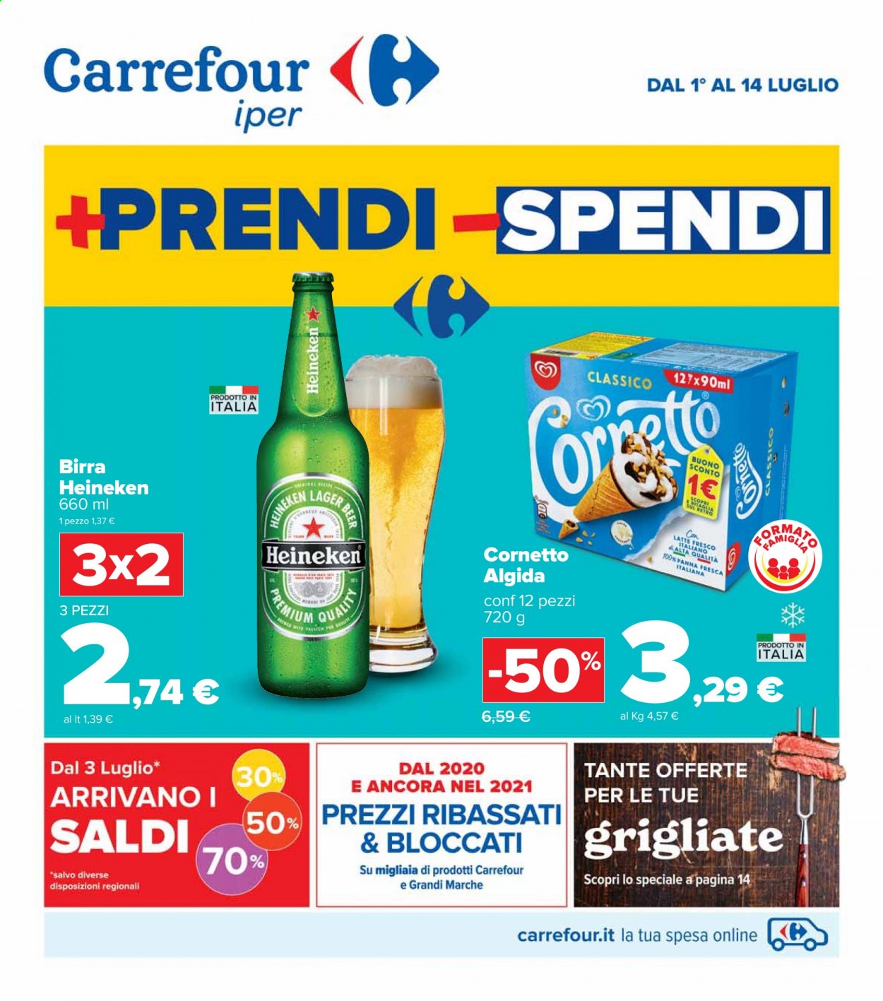 thumbnail - Volantino Carrefour - 1/7/2021 - 14/7/2021 - Prodotti in offerta - Heineken, birra, birra tipo lager, Cornetto, gelato, Algida. Pagina 1.
