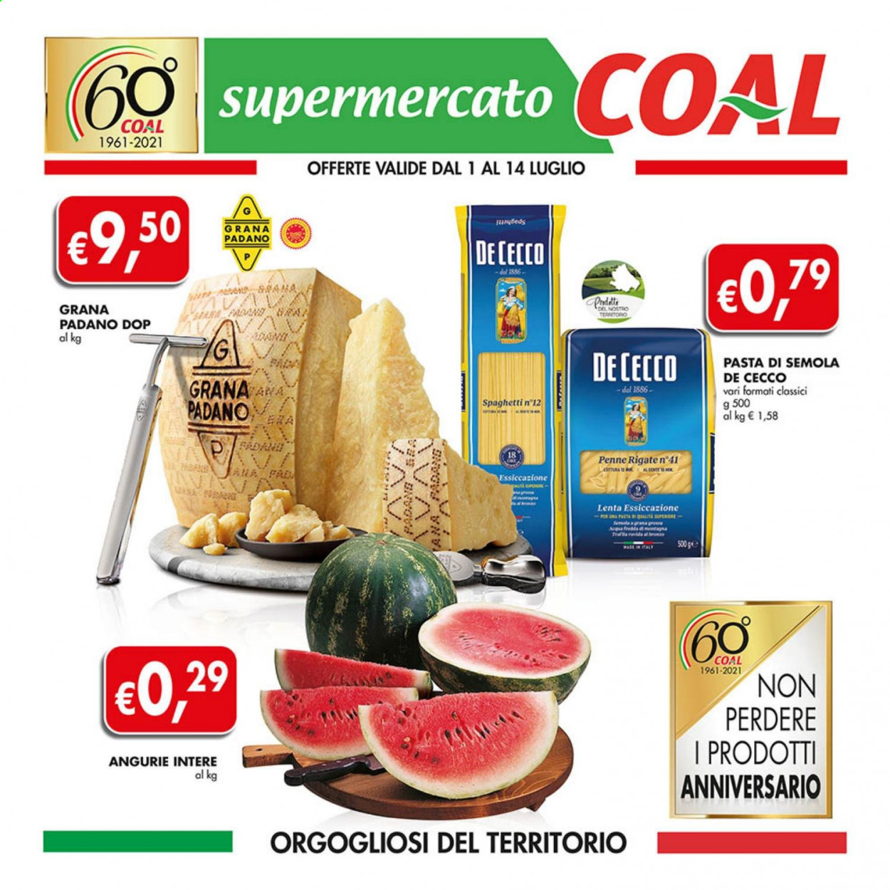 thumbnail - Volantino COAL - 1/7/2021 - 14/7/2021 - Prodotti in offerta - formaggio, Grana Padano, De Cecco, spaghetti, pasta, penne. Pagina 1.