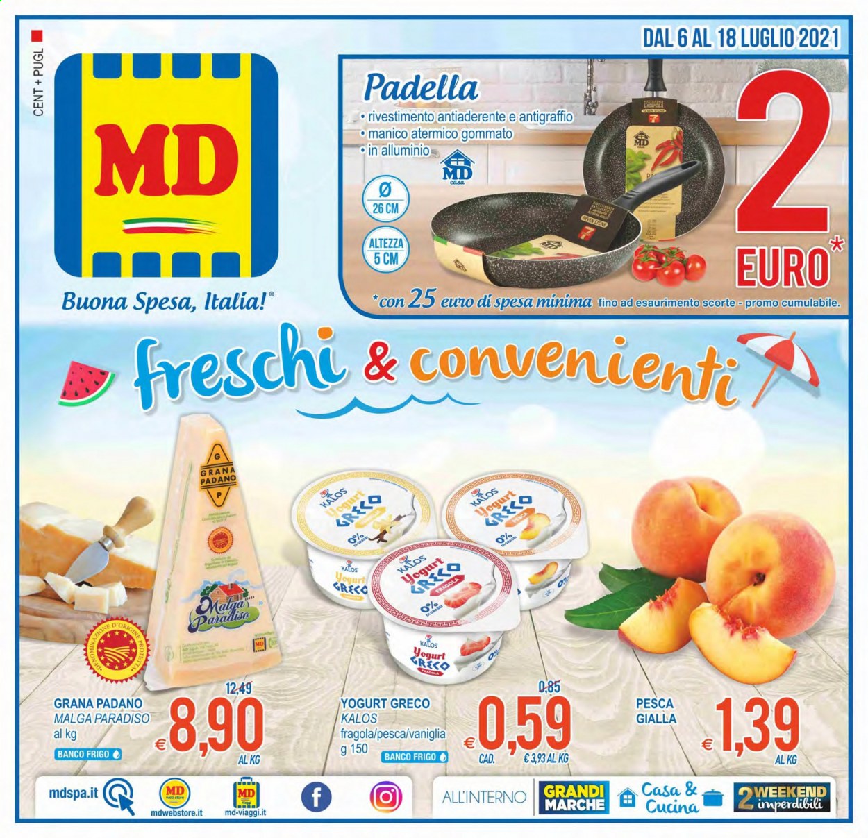 thumbnail - Volantino MD Discount - 6/7/2021 - 18/7/2021 - Prodotti in offerta - formaggio, Grana Padano, yogurt, yogurt greco, padella. Pagina 1.