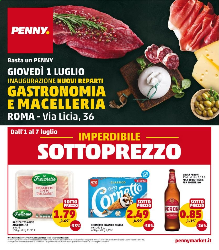 thumbnail - Volantino Penny Market - 1/7/2021 - 7/7/2021 - Prodotti in offerta - Peroni, birra, Cornetto, prosciutto, prosciutto cotto, gelato, Algida. Pagina 1.