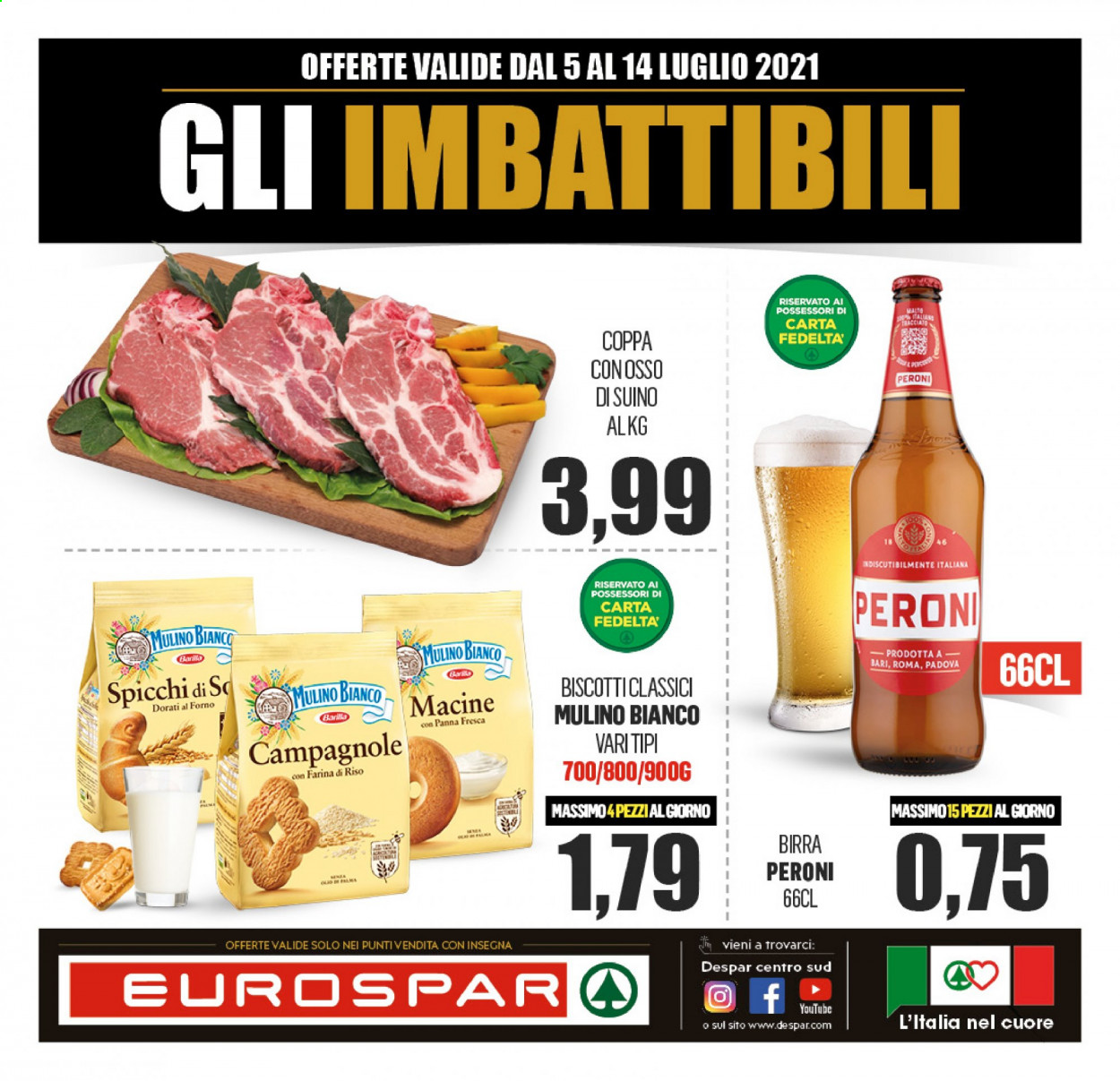 thumbnail - Volantino Eurospar - 5/7/2021 - 14/7/2021 - Prodotti in offerta - Peroni, birra, Mulino Bianco, suino, farina di riso, Barilla. Pagina 1.