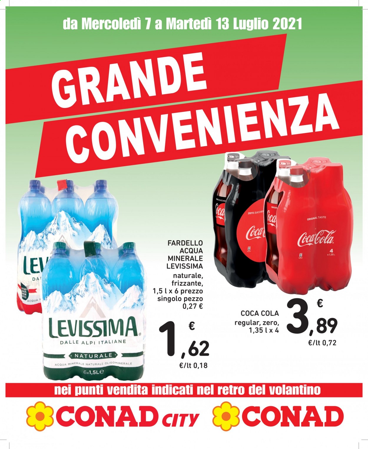 thumbnail - Volantino Conad - 7/7/2021 - 13/7/2021 - Prodotti in offerta - Coca Cola, bibita gassata, acqua minerale, Levissima. Pagina 1.
