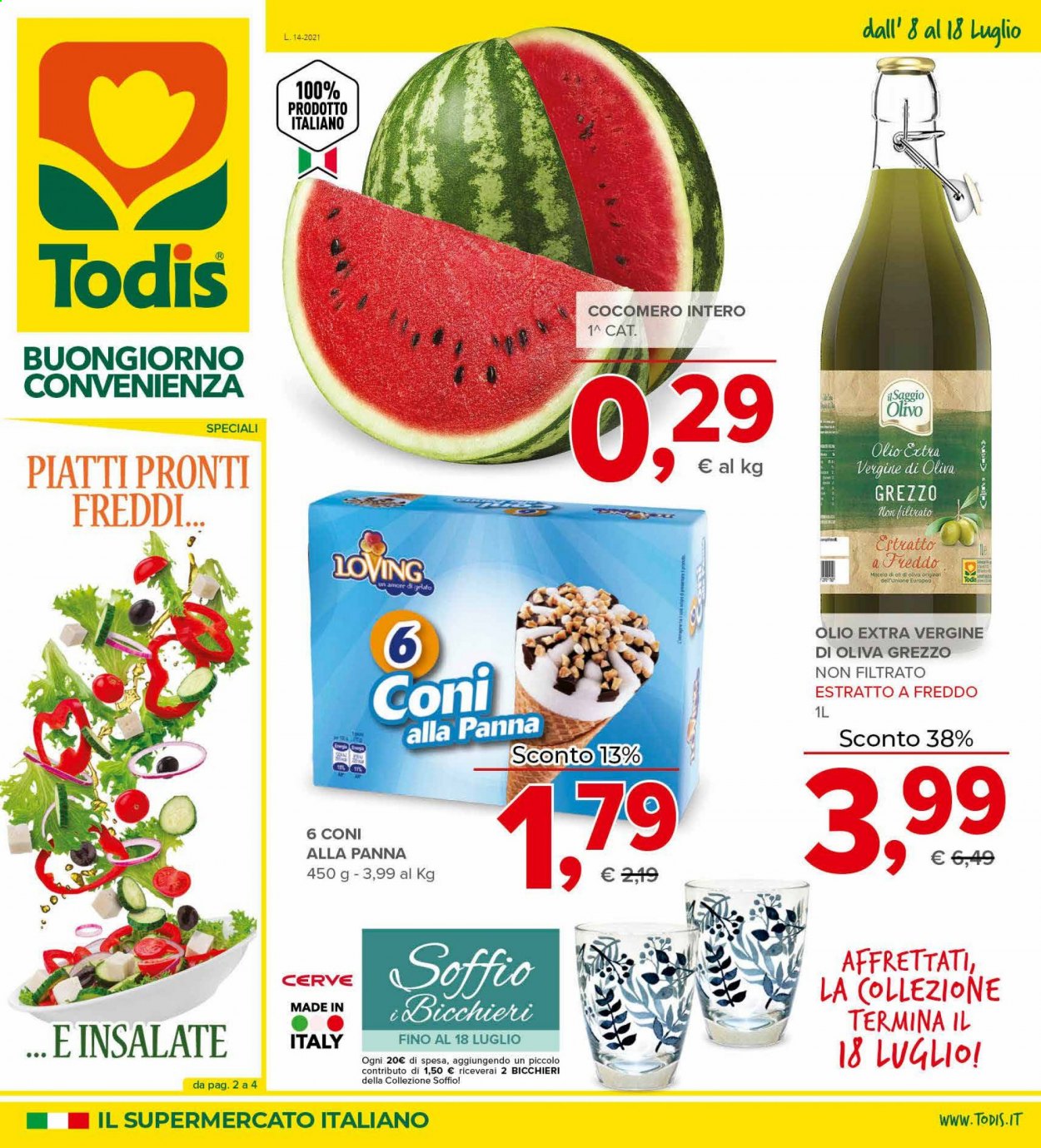 thumbnail - Volantino Todis - 8/7/2021 - 18/7/2021 - Prodotti in offerta - olio, olio extra vergine di oliva, bicchieri. Pagina 1.