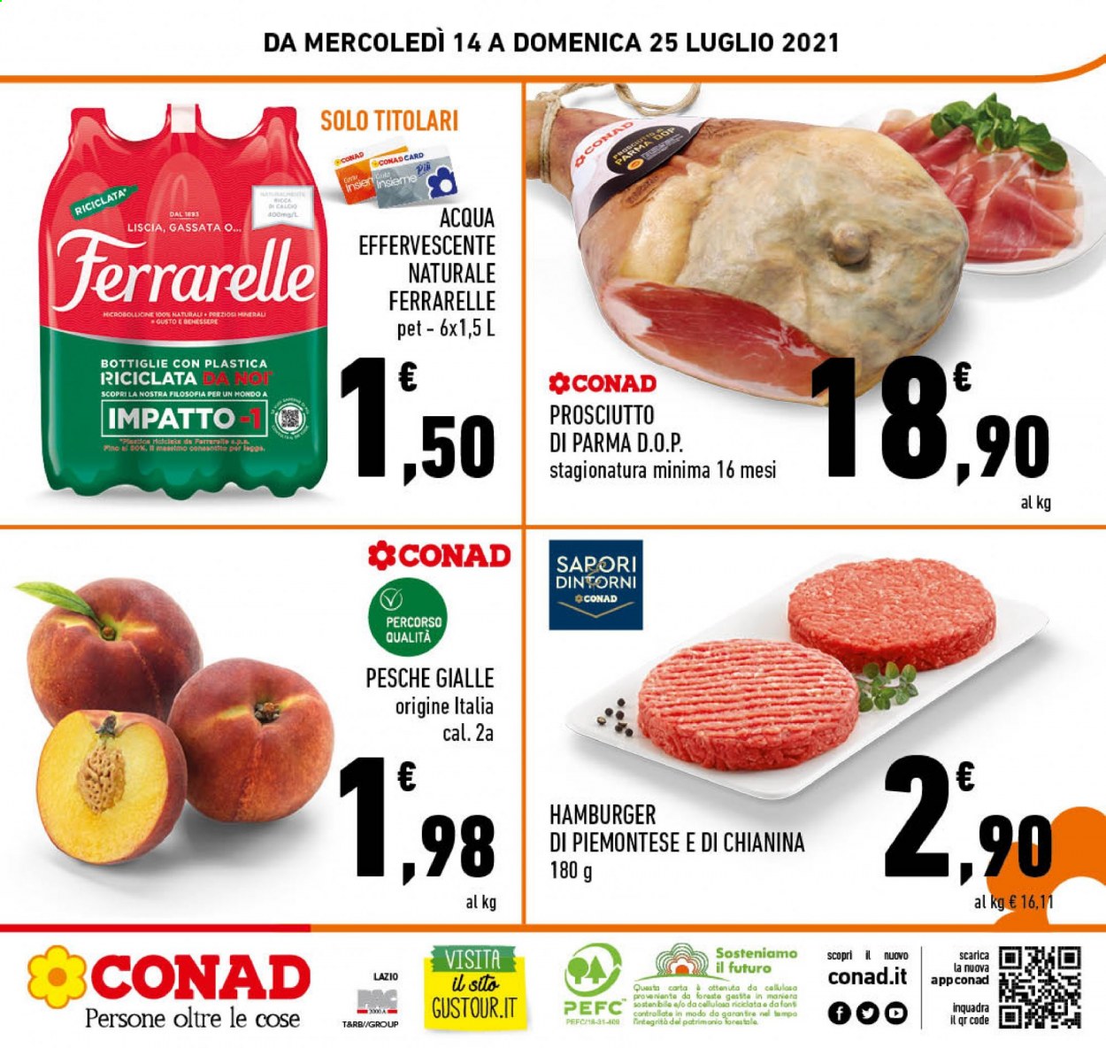thumbnail - Volantino Conad - 14/7/2021 - 25/7/2021 - Prodotti in offerta - pesche, hamburger, prosciutto, Prosciutto di Parma, Ferrarelle. Pagina 28.