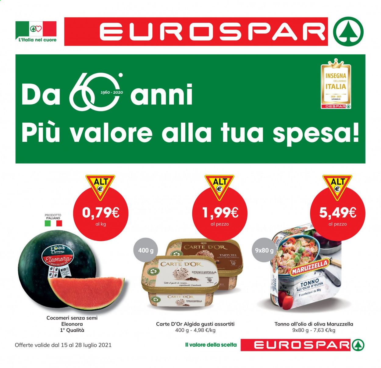 thumbnail - Volantino Eurospar - 15/7/2021 - 28/7/2021 - Prodotti in offerta - Carte d'Or, tonno, gelato, Algida, tonno sott'olio. Pagina 1.