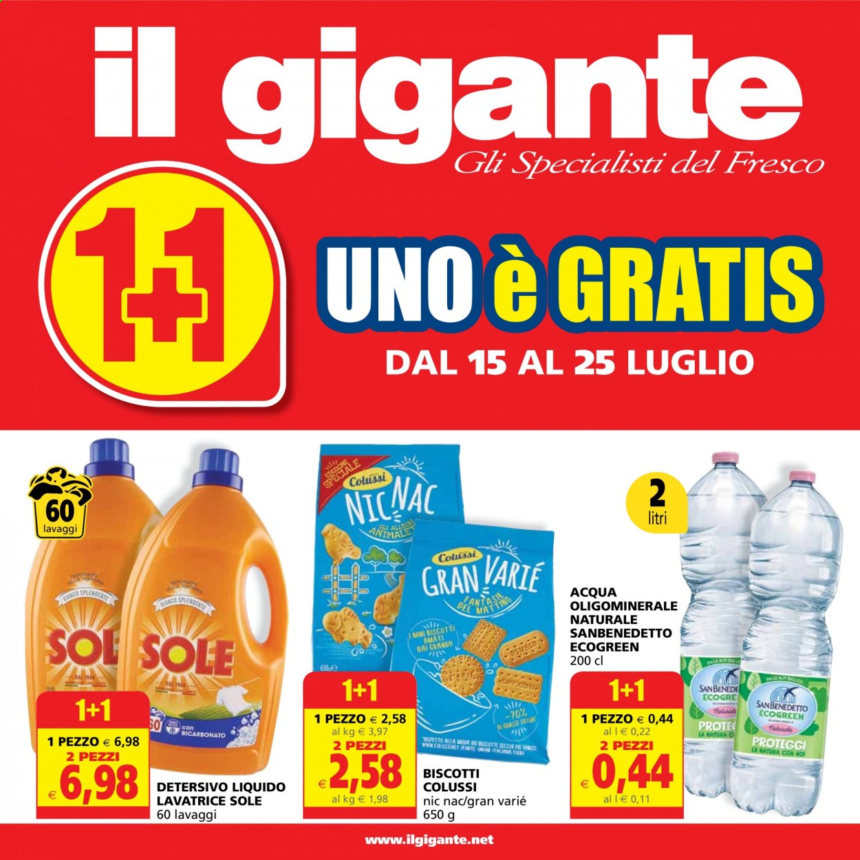thumbnail - Volantino Il Gigante - 15/7/2021 - 25/7/2021 - Prodotti in offerta - biscotti, San Benedetto, detersivo liquido per lavatrice. Pagina 1.