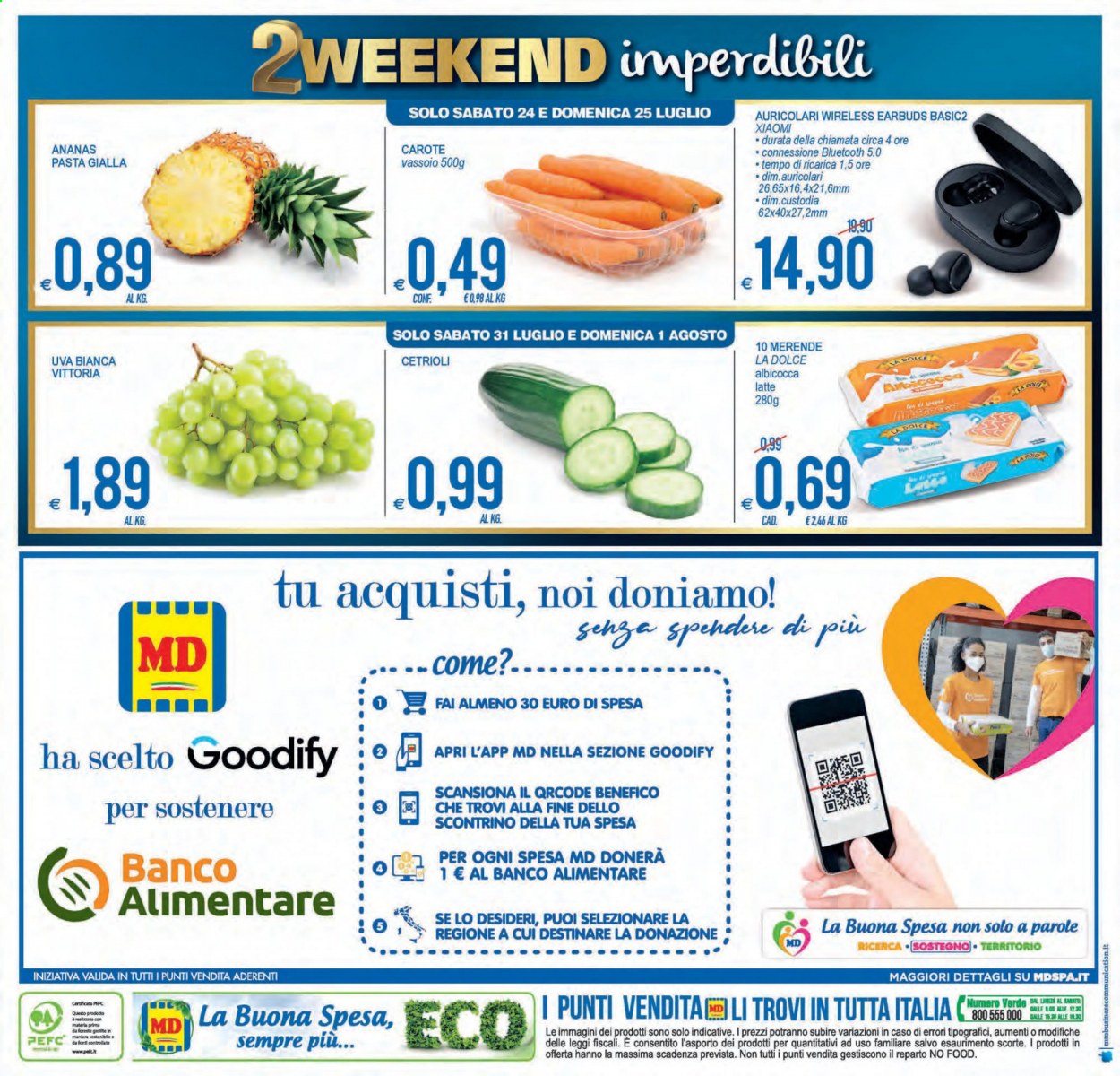 thumbnail - Volantino MD Discount - 20/7/2021 - 1/8/2021 - Prodotti in offerta - carote, cetrioli, uva, ananas, latte, auricolare, auricolari wireless. Pagina 23.