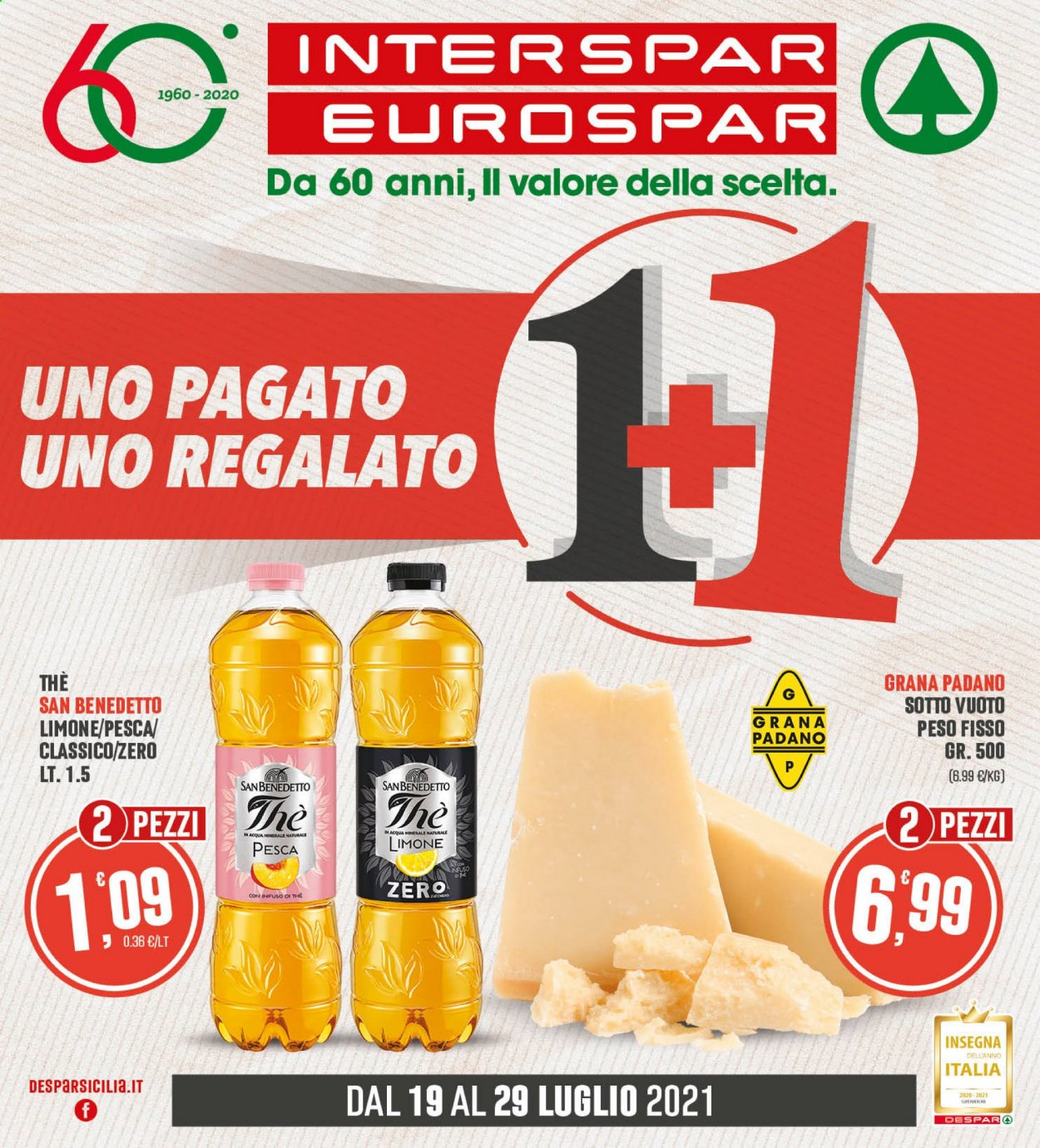 thumbnail - Volantino Eurospar - 19/7/2021 - 29/7/2021 - Prodotti in offerta - formaggio, Grana Padano, San Benedetto, tè freddo, acqua minerale. Pagina 1.