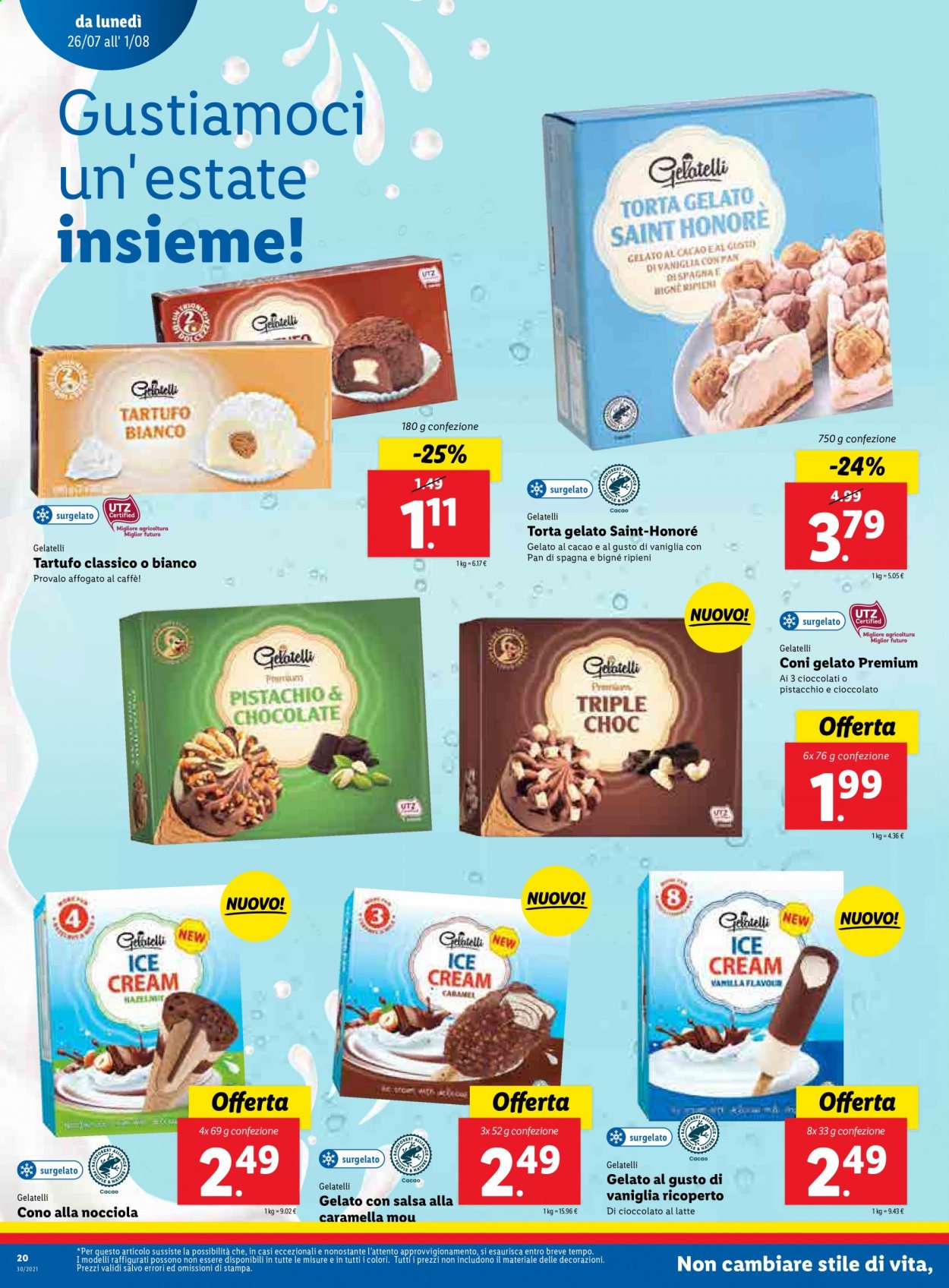 thumbnail - Volantino Lidl - 26/7/2021 - 1/8/2021 - Prodotti in offerta - tartufo, torta, gelato, cioccolato al latte. Pagina 20.