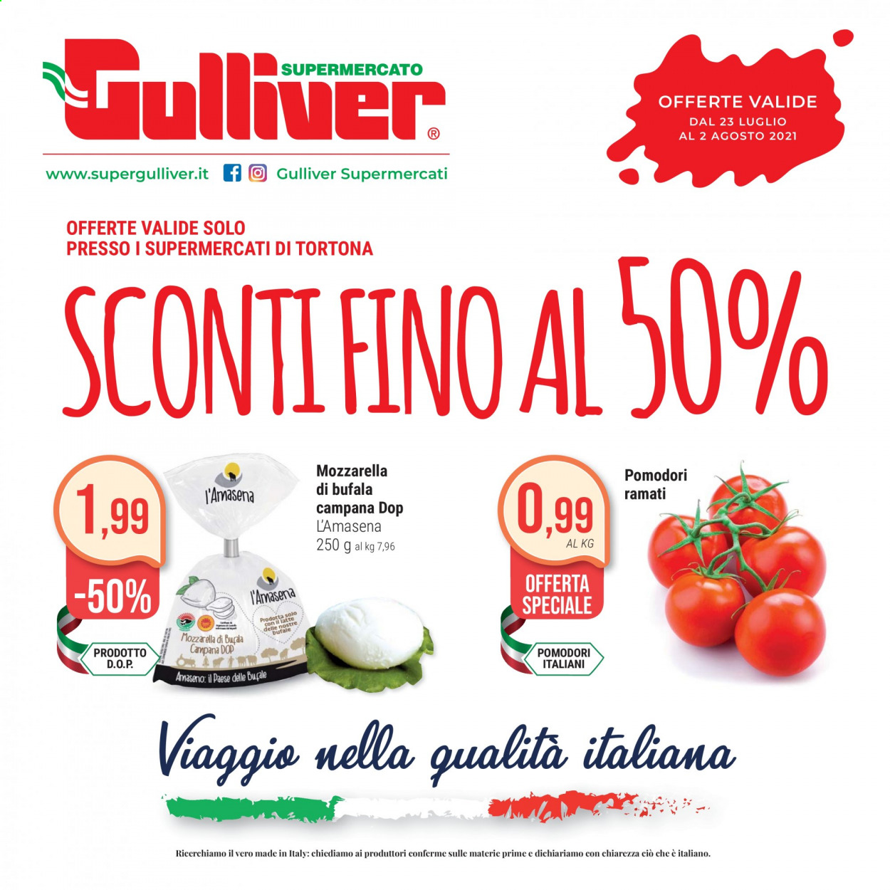 thumbnail - Volantino Gulliver - 23/7/2021 - 2/8/2021 - Prodotti in offerta - pomodori, formaggio, mozzarella, latte. Pagina 1.