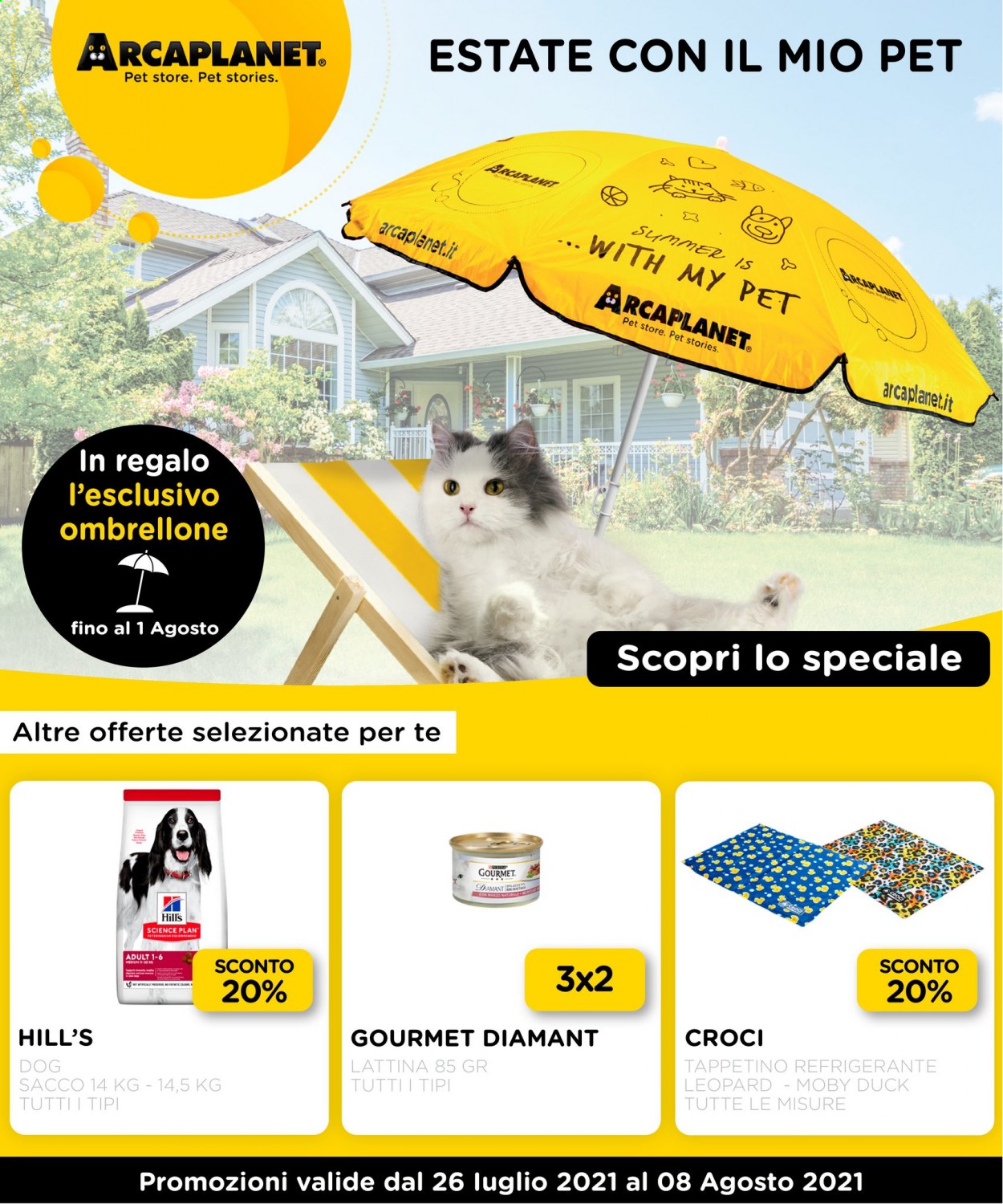 thumbnail - Volantino Arcaplanet - 26/7/2021 - 8/8/2021 - Prodotti in offerta - tappeto refrigerante per cani, Purina Gourmet. Pagina 1.
