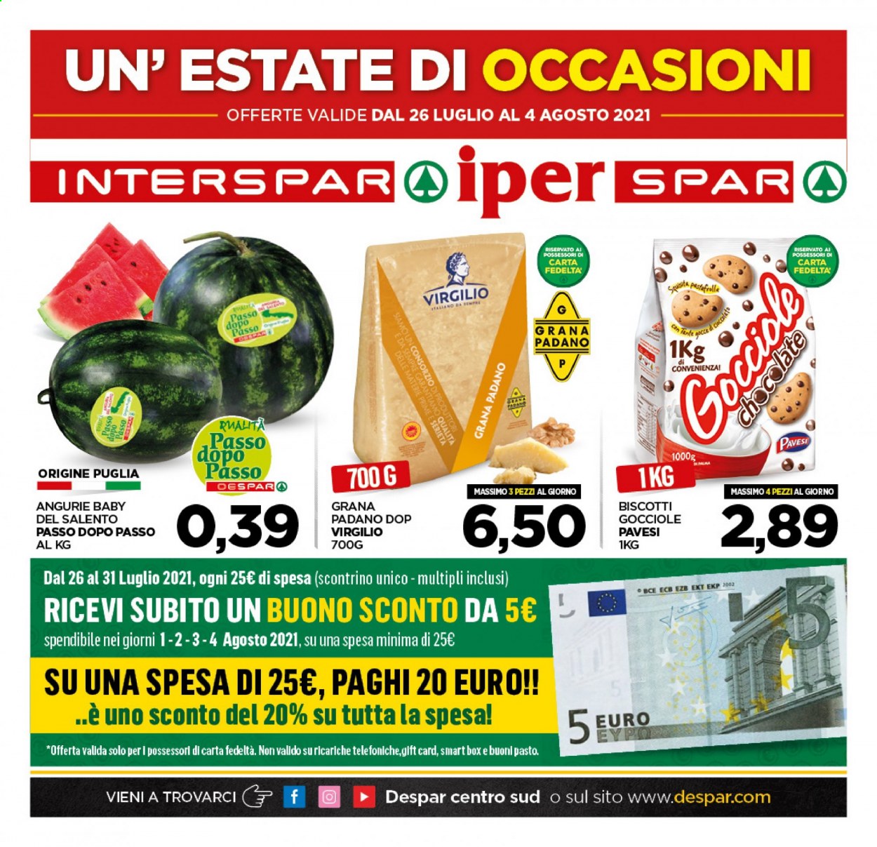 thumbnail - Volantino Interspar - 26/7/2021 - 4/8/2021 - Prodotti in offerta - formaggio, Grana Padano, biscotti, Pavesi. Pagina 1.
