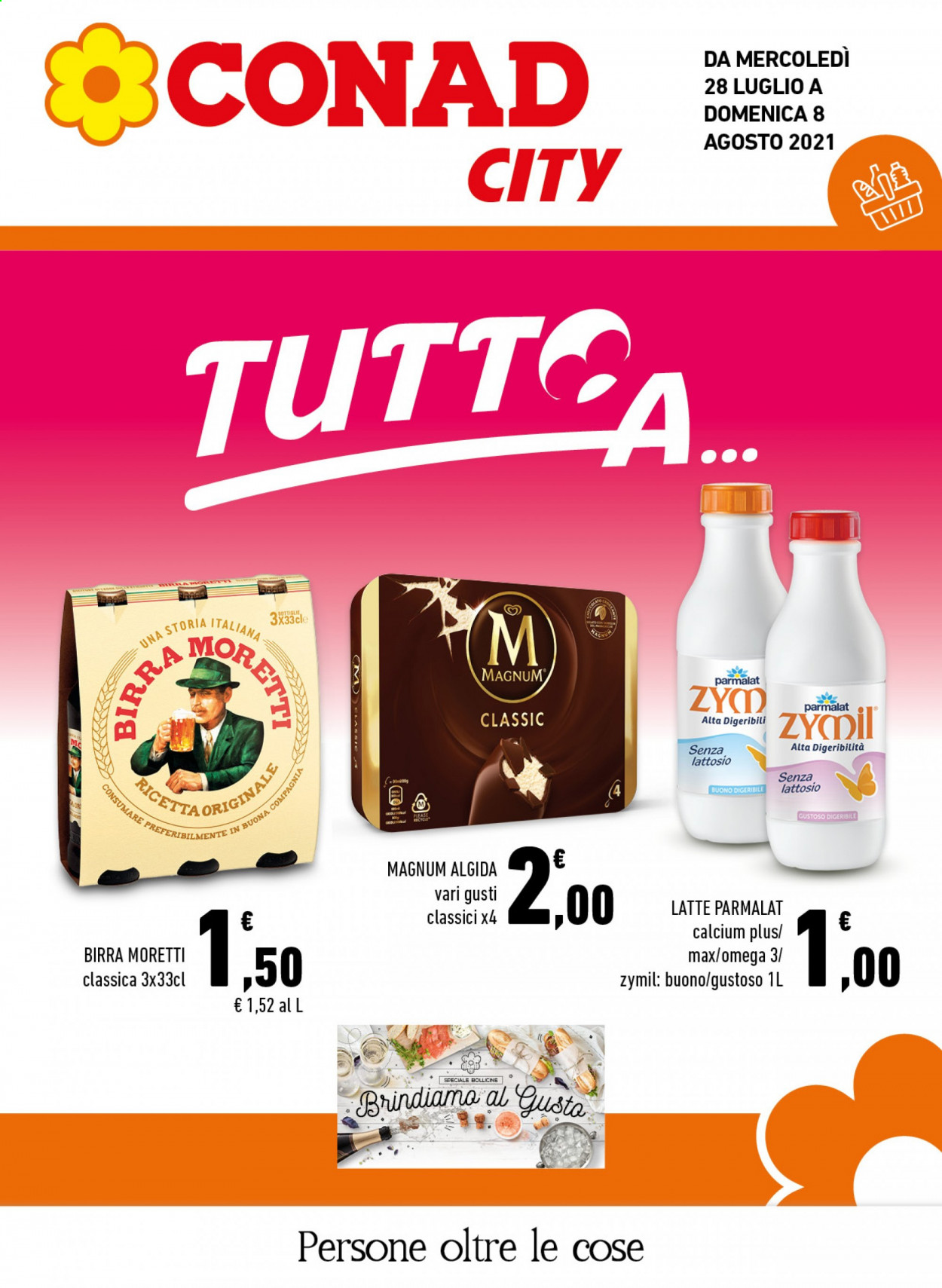 thumbnail - Volantino Conad - 28/7/2021 - 8/8/2021 - Prodotti in offerta - Birra Moretti, birra, Parmalat, Zymil, latte, gelato, Magnum, Algida, Calcium. Pagina 1.