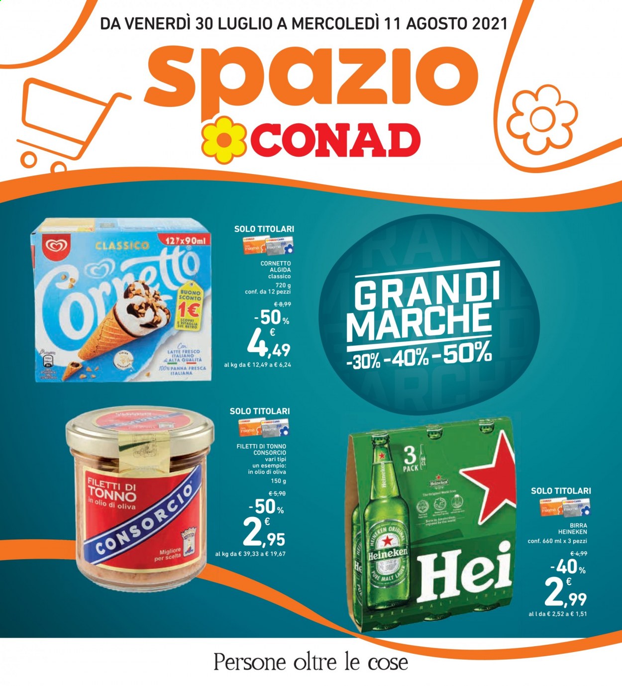 thumbnail - Volantino Conad - 30/7/2021 - 11/8/2021 - Prodotti in offerta - Heineken, birra, Cornetto, tonno, latte, gelato, Algida, tonno sott'olio. Pagina 1.