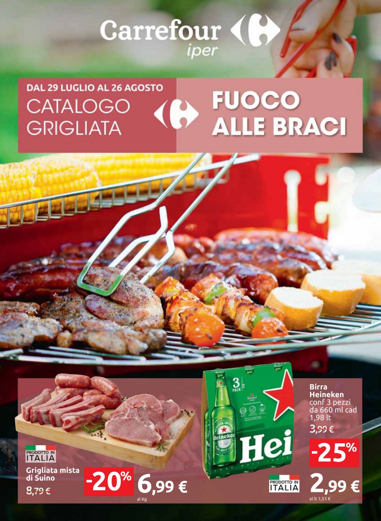 thumbnail - Volantino Carrefour - 29/7/2021 - 26/8/2021 - Prodotti in offerta - Heineken, birra, suino. Pagina 1.