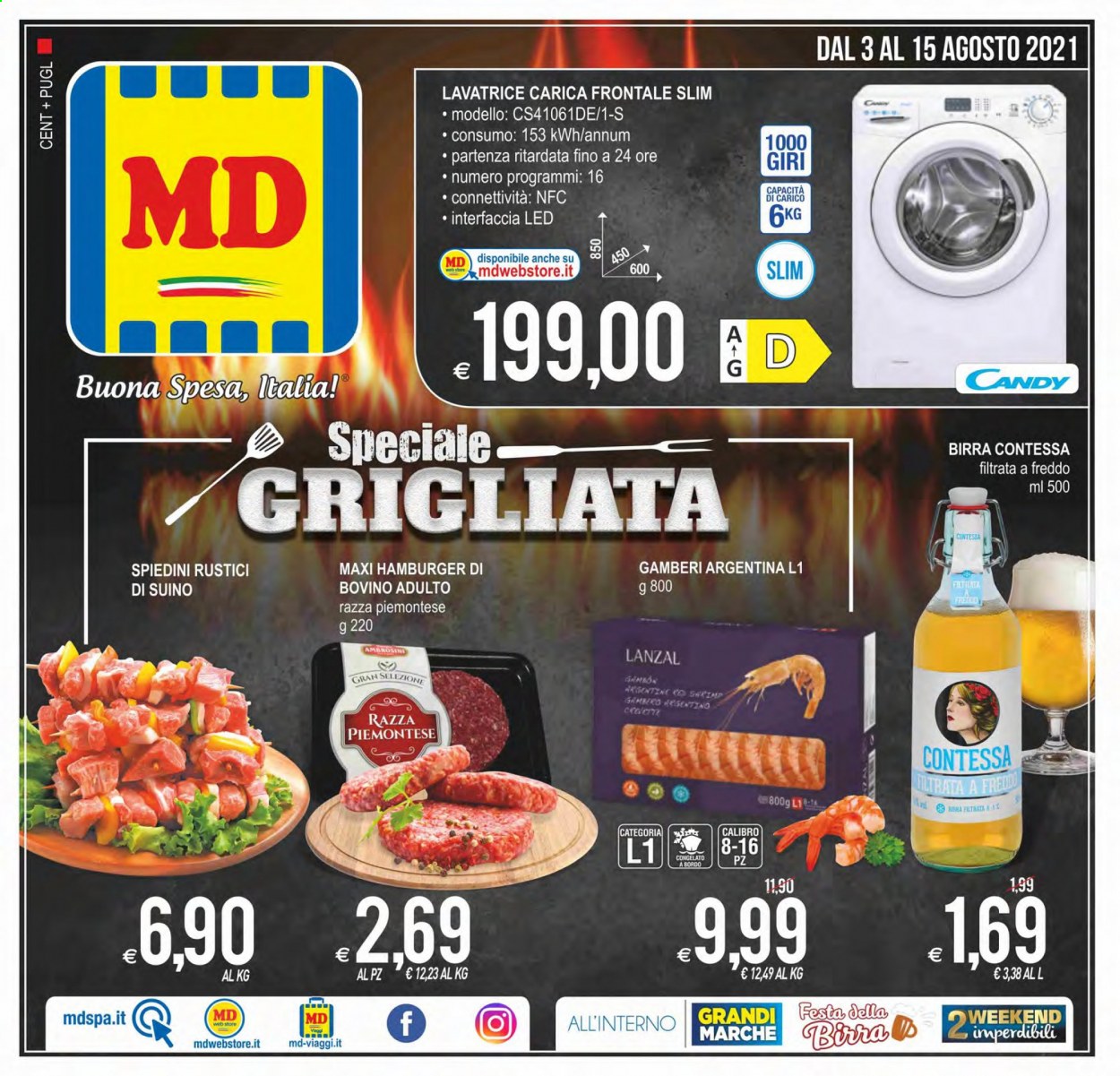thumbnail - Volantino MD Discount - 3/8/2021 - 15/8/2021 - Prodotti in offerta - birra, birra filtrata a freddo, manzo, hamburger, suino, gamberi, spiedini, Candy, lavatrice. Pagina 1.