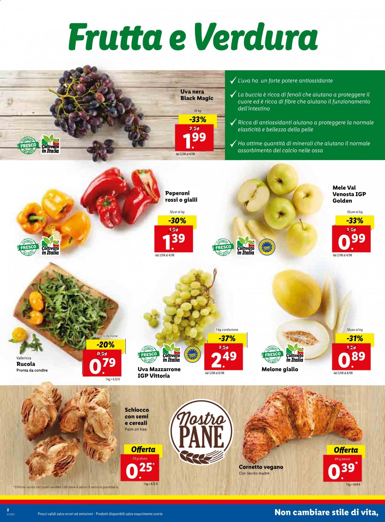 thumbnail - Volantino Lidl - 2/8/2021 - 8/8/2021 - Prodotti in offerta - pane, Cornetto, rucola, peperoni, uva, mele, melone, melone giallo. Pagina 2.