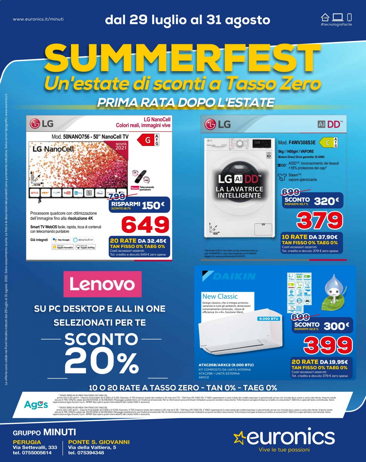 thumbnail - Volantino Euronics - 29/7/2021 - 31/8/2021 - Prodotti in offerta - LG, Lenovo, Smart TV, televisore, lavatrice. Pagina 1.